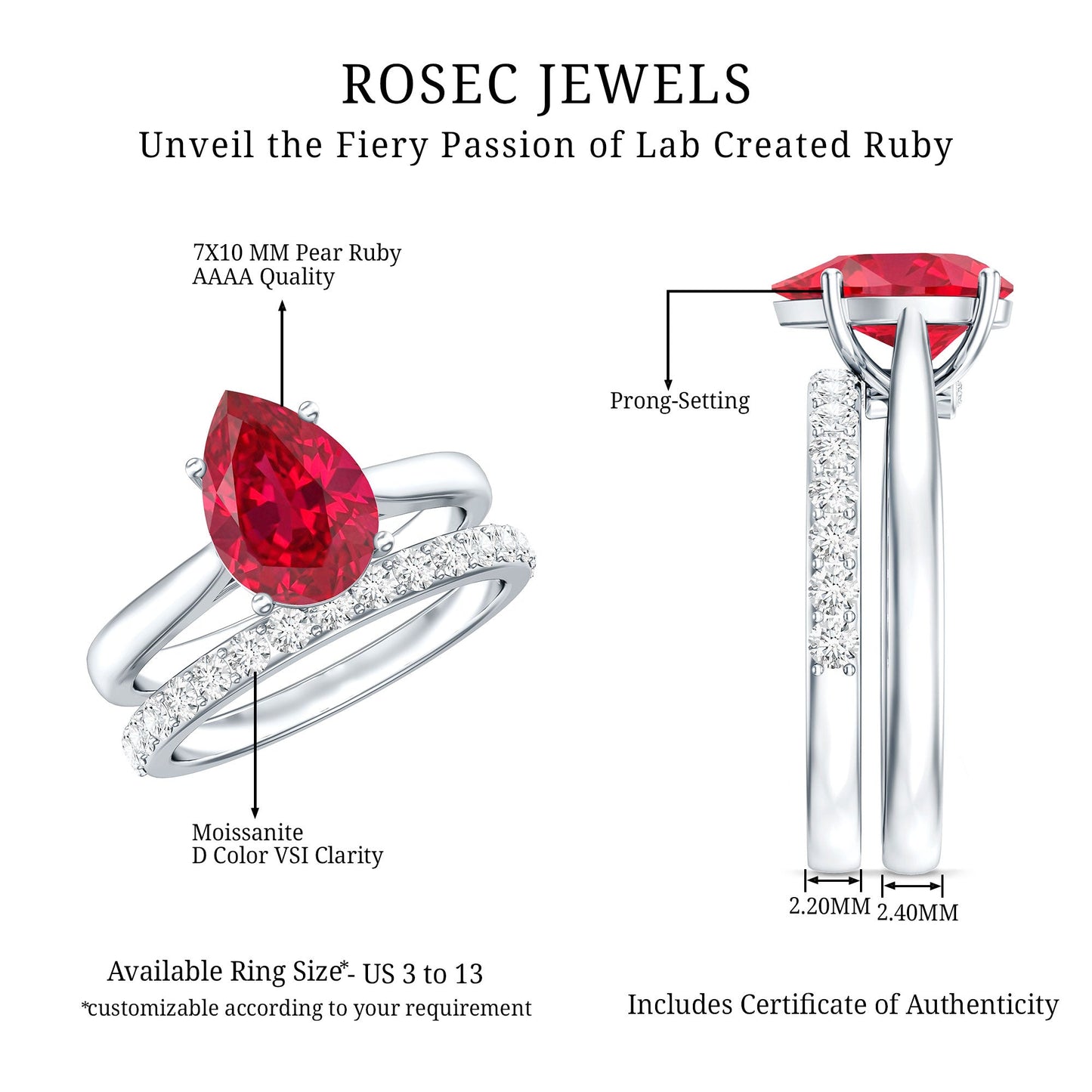 Pear Shape Created Ruby Solitaire Wedding Ring Set with Moissanite
