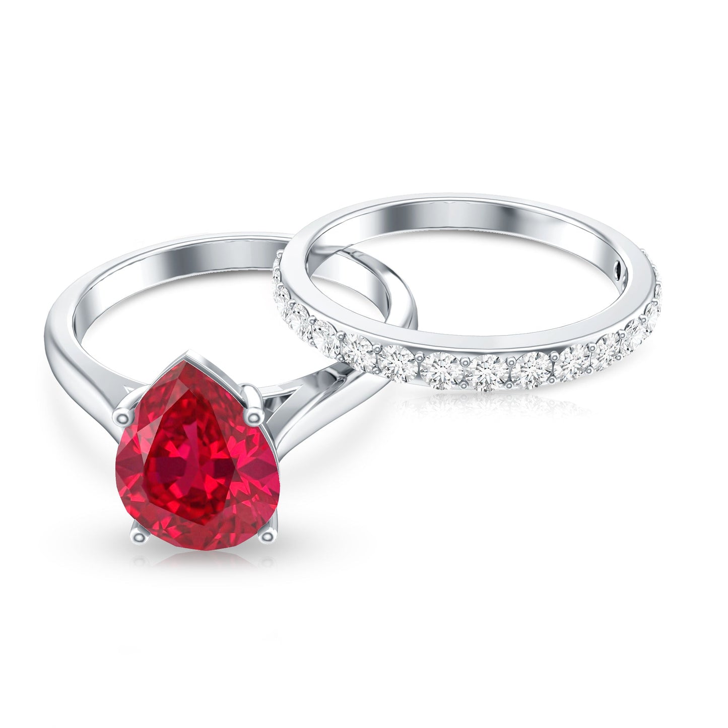 Pear Shape Created Ruby Solitaire Wedding Ring Set with Moissanite