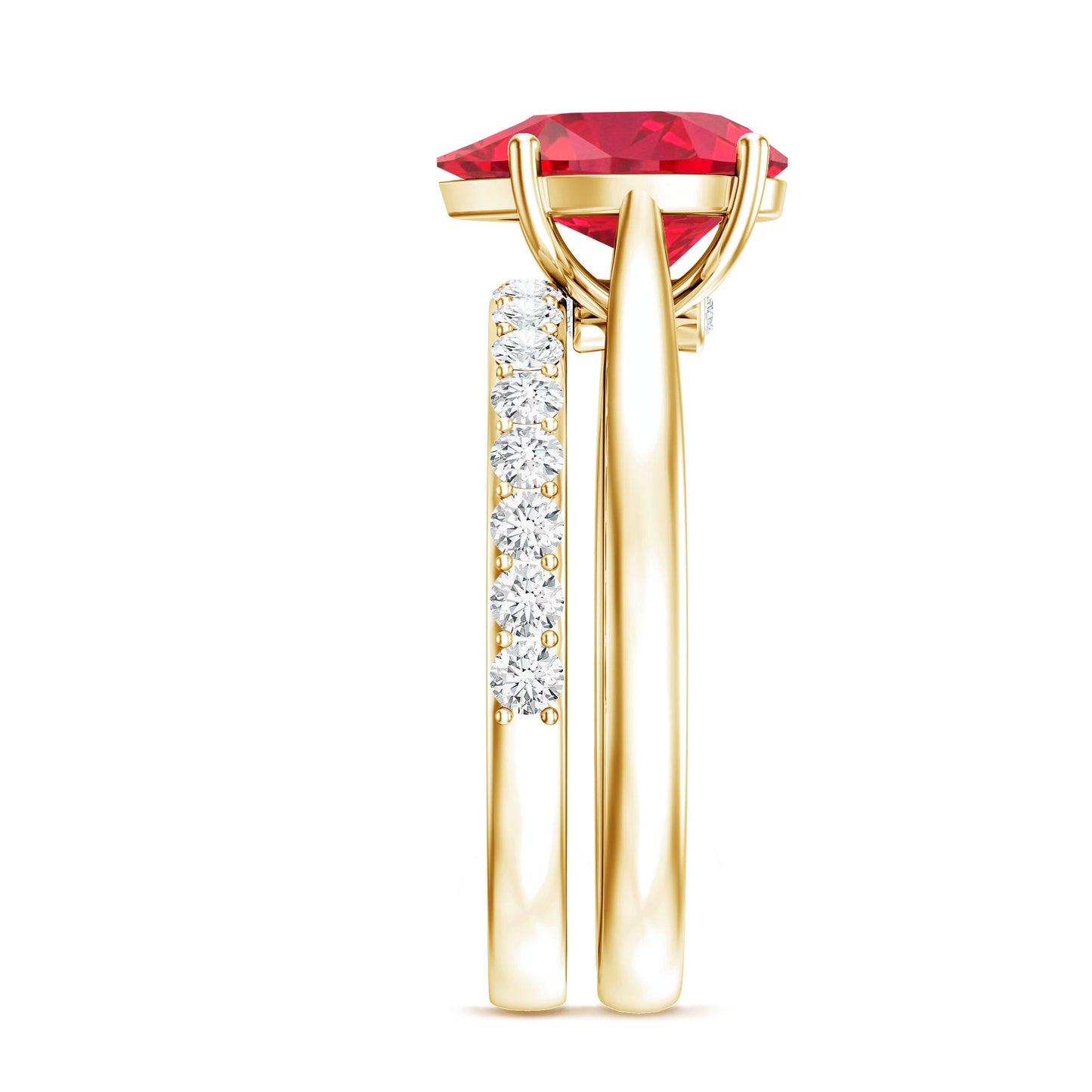 Pear Shape Created Ruby Solitaire Wedding Ring Set with Moissanite