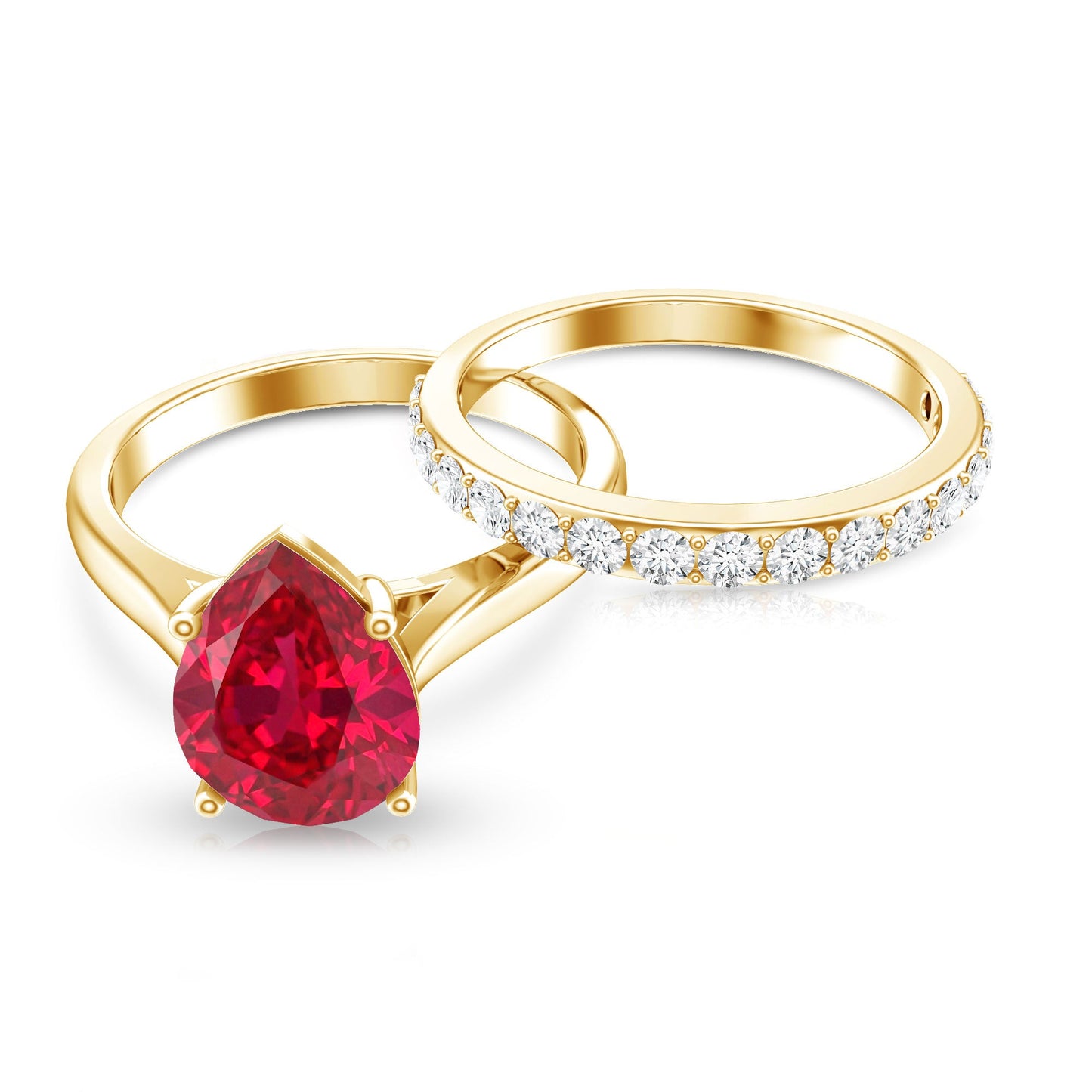 Pear Shape Created Ruby Solitaire Wedding Ring Set with Moissanite