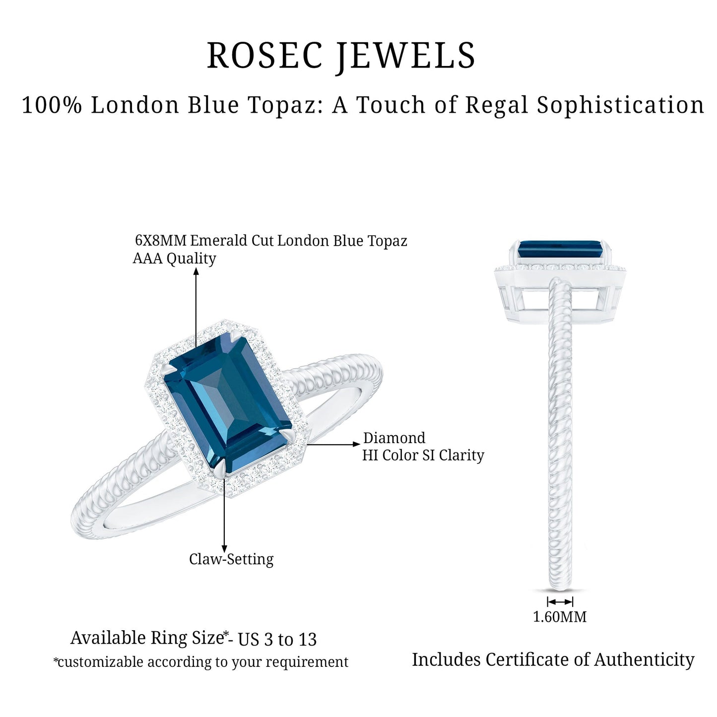 Emerald Cut Blue Topaz Engagement Ring with Diamond Halo