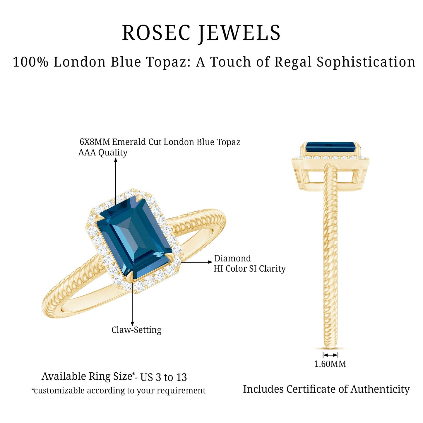 Emerald Cut Blue Topaz Engagement Ring with Diamond Halo