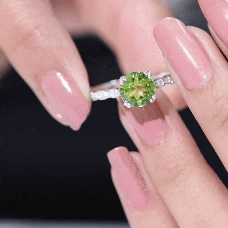Real 2 Carat Peridot Solitaire Engagement Ring with Diamond Side Stones