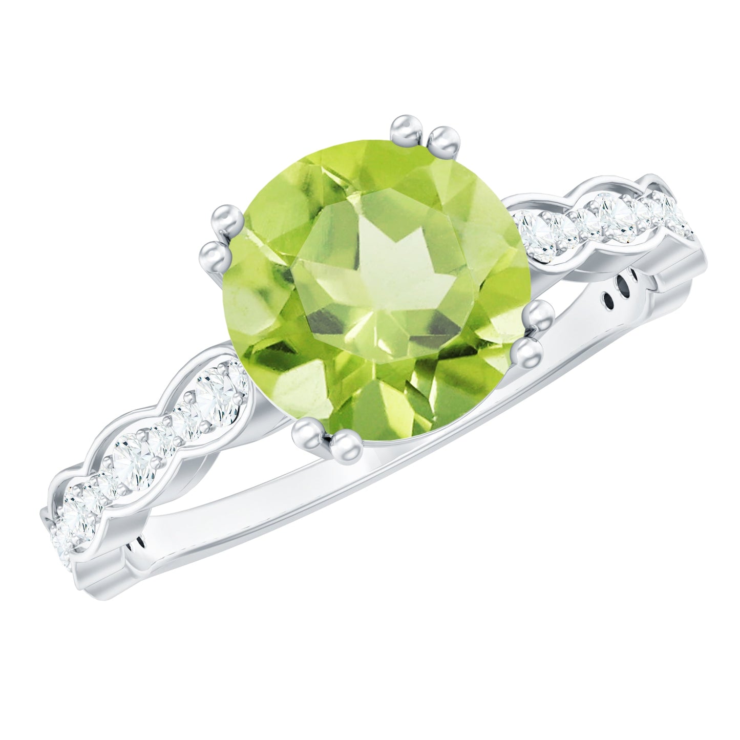 Real 2 Carat Peridot Solitaire Engagement Ring with Diamond Side Stones