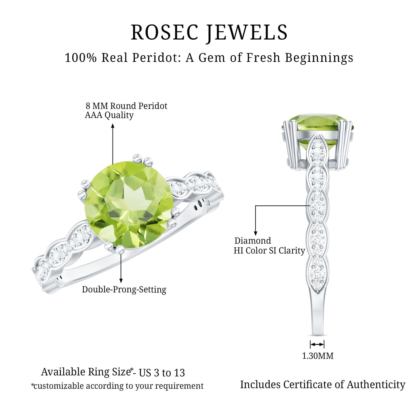 Real 2 Carat Peridot Solitaire Engagement Ring with Diamond Side Stones