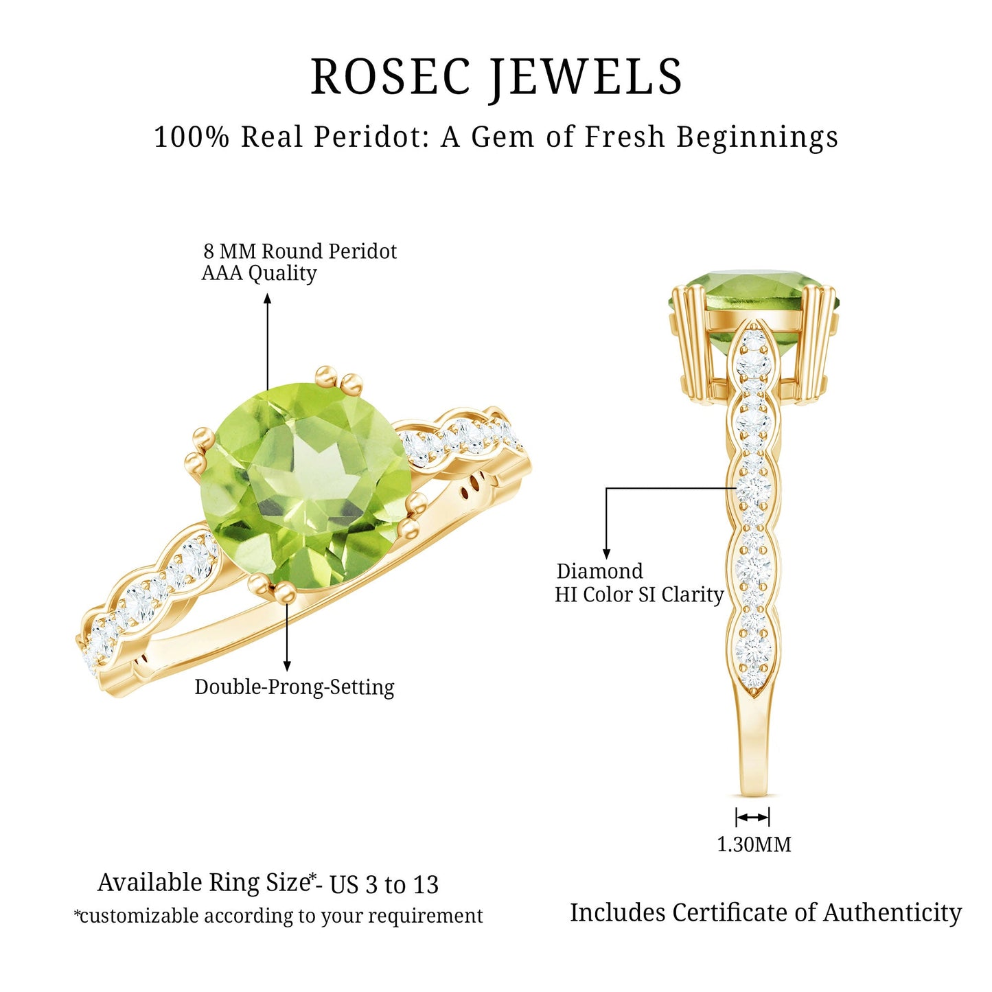 Real 2 Carat Peridot Solitaire Engagement Ring with Diamond Side Stones