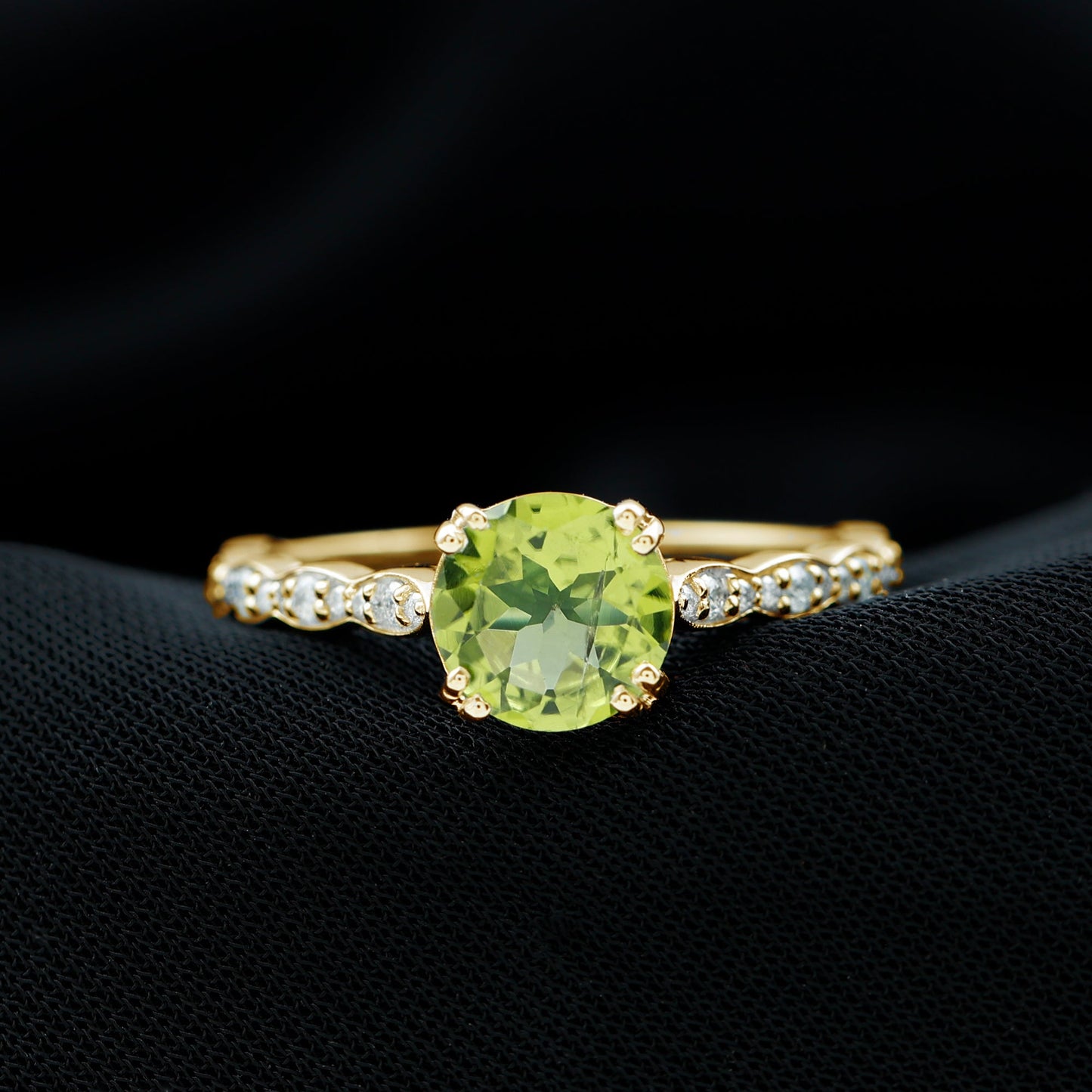 Real 2 Carat Peridot Solitaire Engagement Ring with Diamond Side Stones