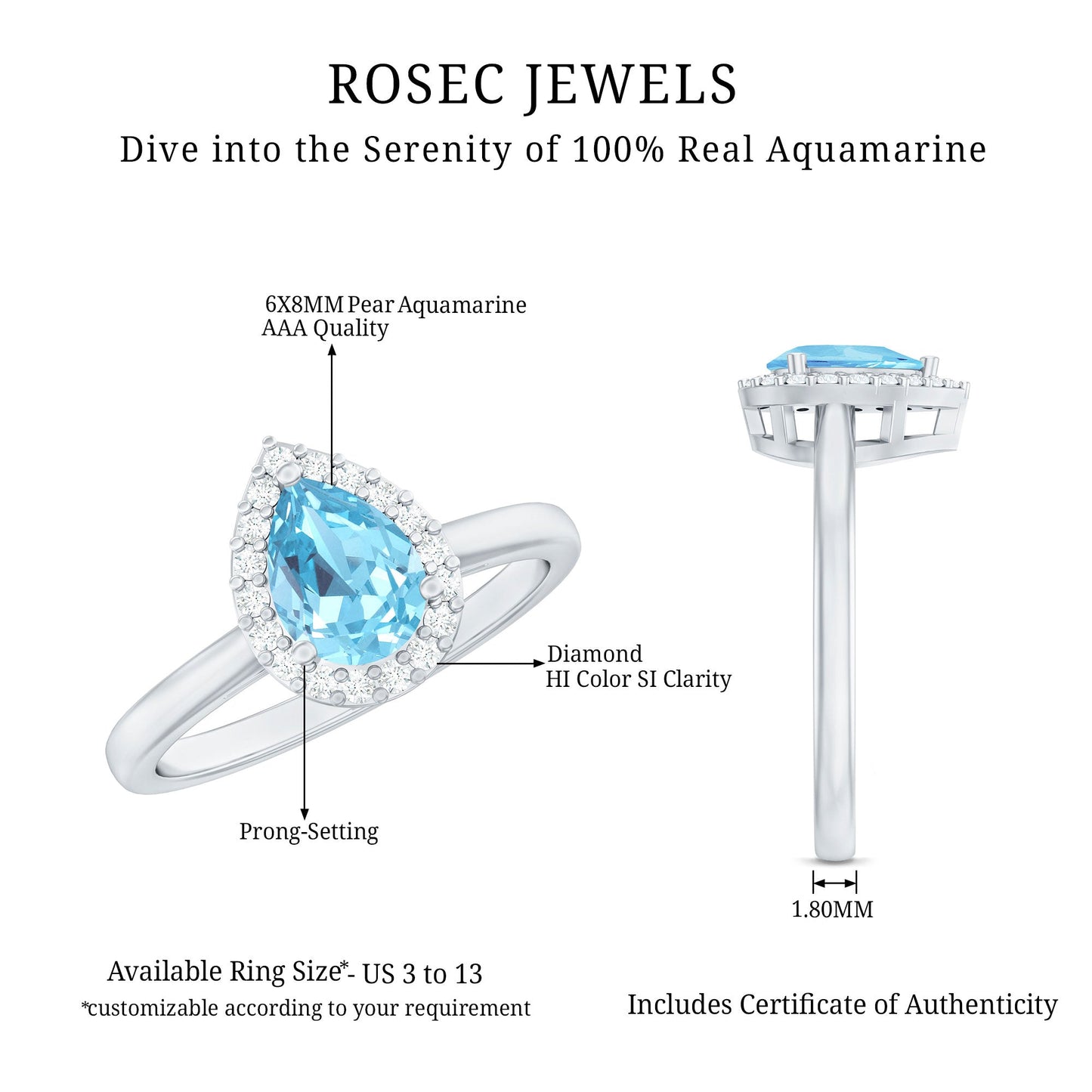 1 Carat Pear Cut Aquamarine Engagement Ring with Diamond Halo