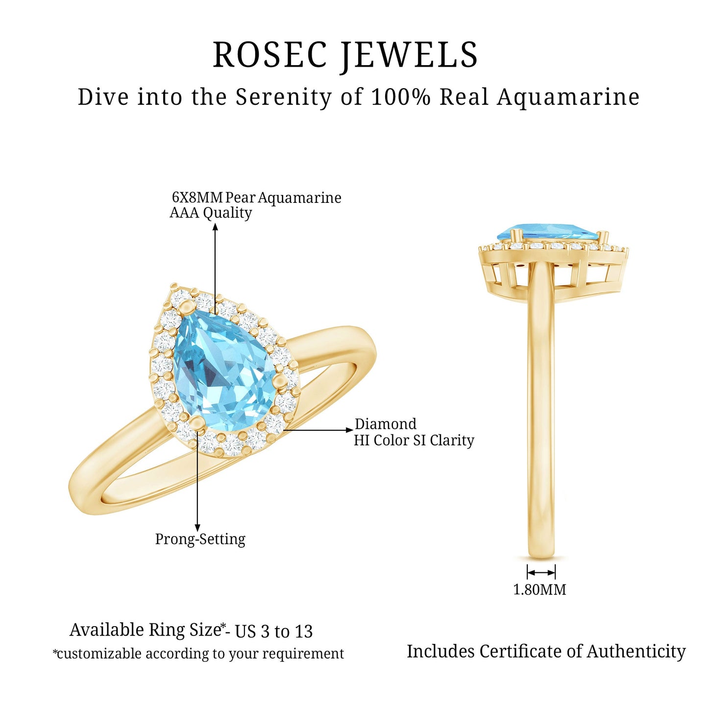 1 Carat Pear Cut Aquamarine Engagement Ring with Diamond Halo