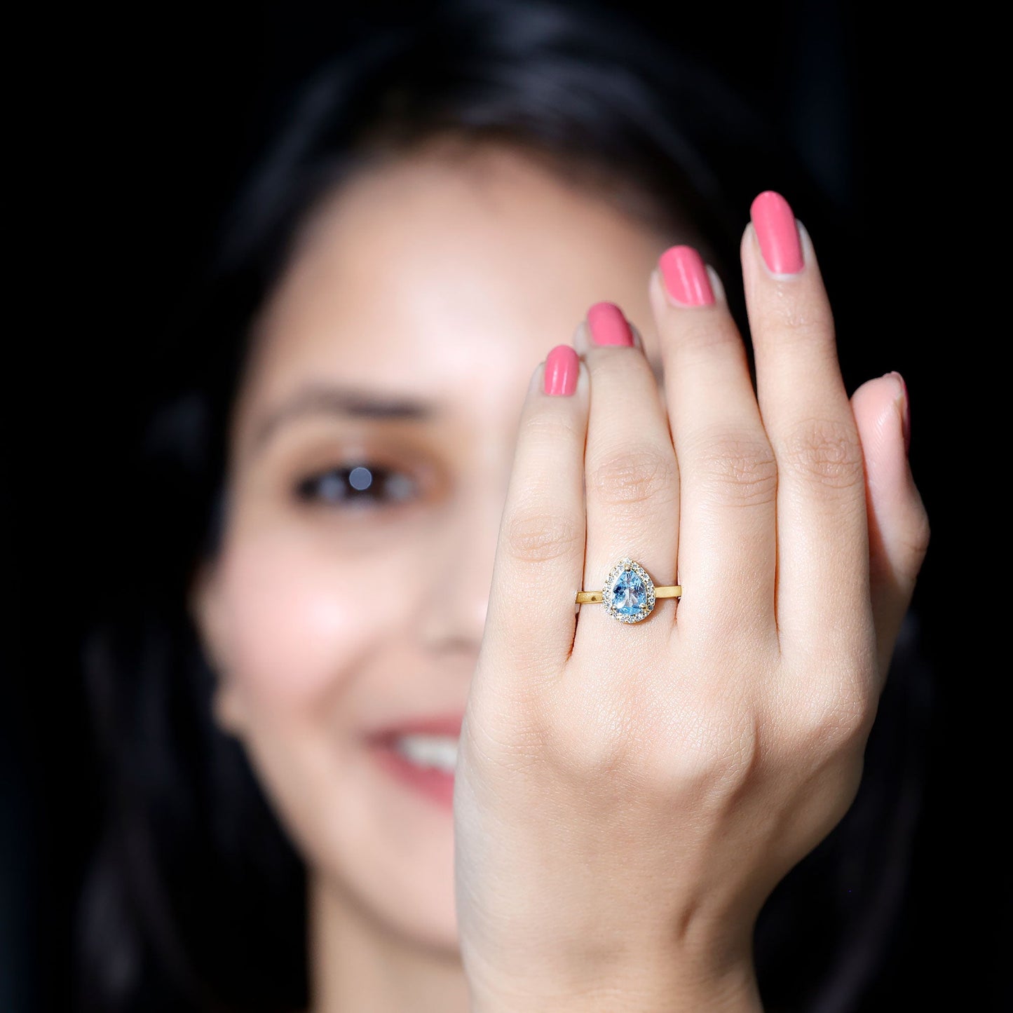 1 Carat Pear Cut Aquamarine Engagement Ring with Diamond Halo