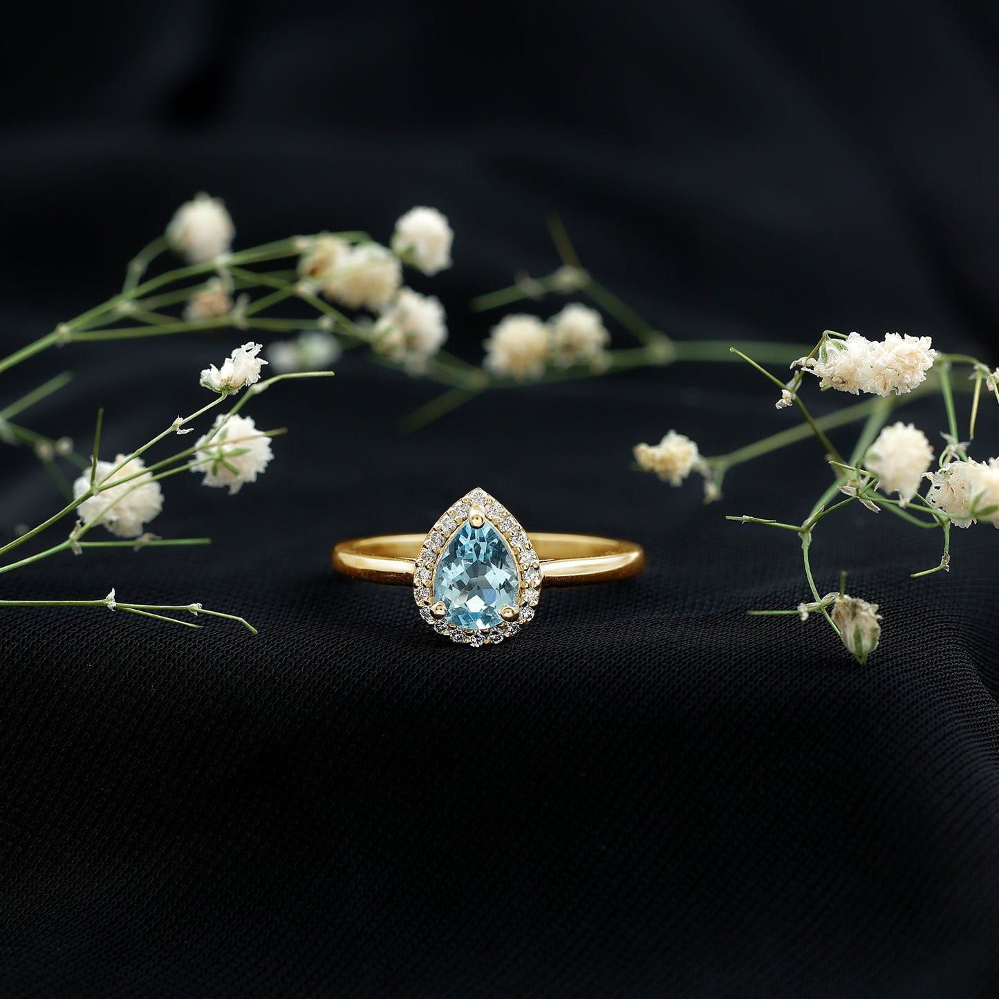 1 Carat Pear Cut Aquamarine Engagement Ring with Diamond Halo