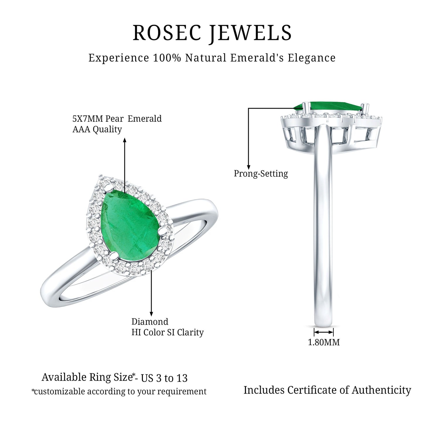 Real Emerald Teardrop Engagement Ring with Diamond Halo