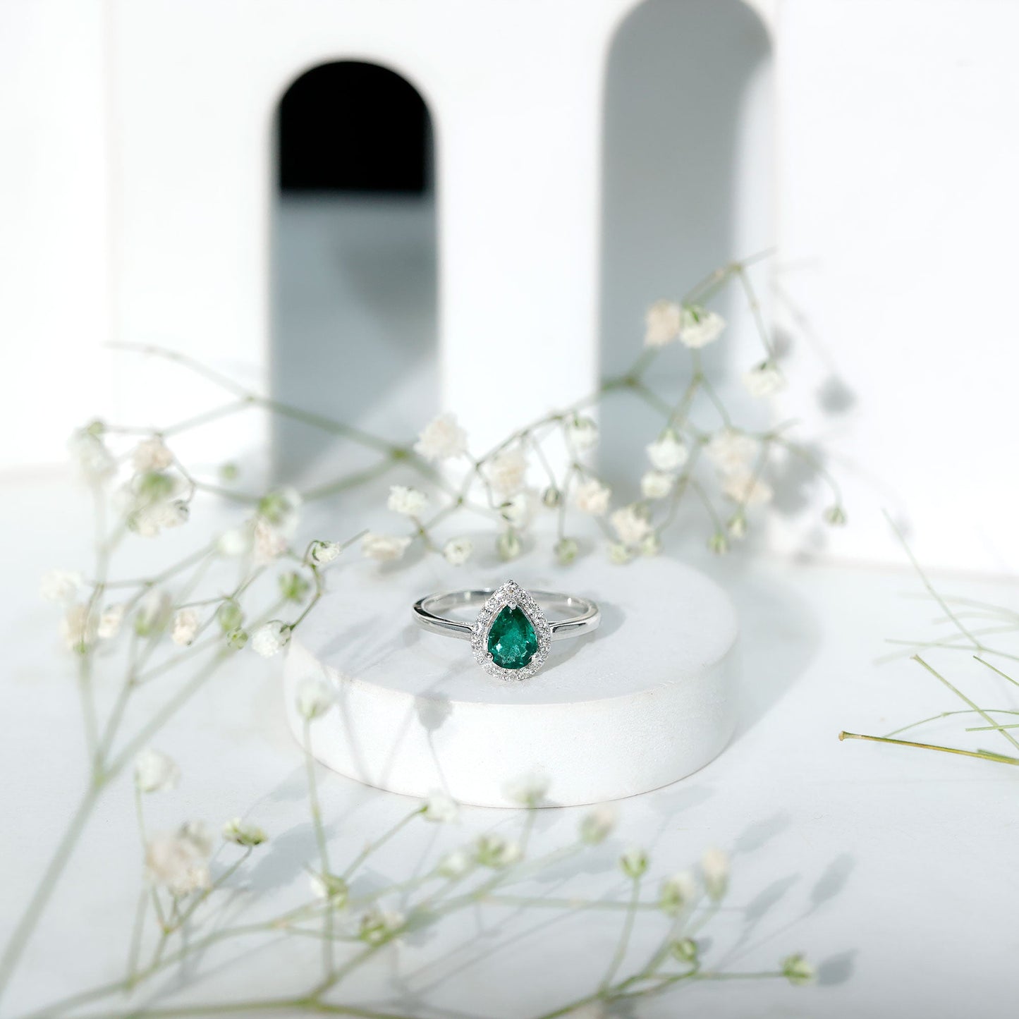 Real Emerald Teardrop Engagement Ring with Diamond Halo