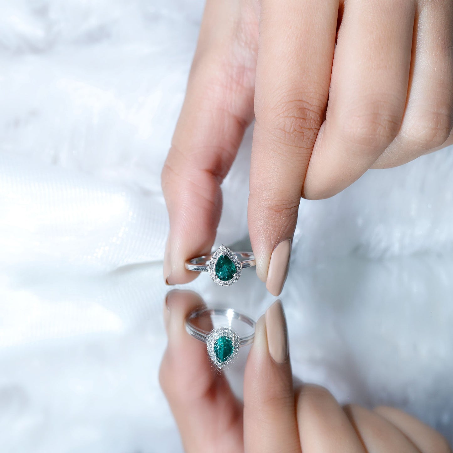Real Emerald Teardrop Engagement Ring with Diamond Halo