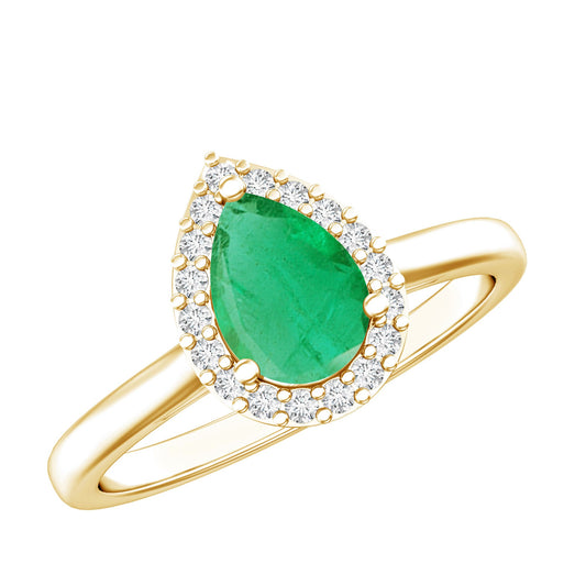 Real Emerald Teardrop Engagement Ring with Diamond Halo