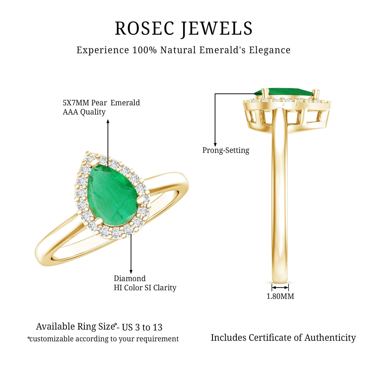 Real Emerald Teardrop Engagement Ring with Diamond Halo
