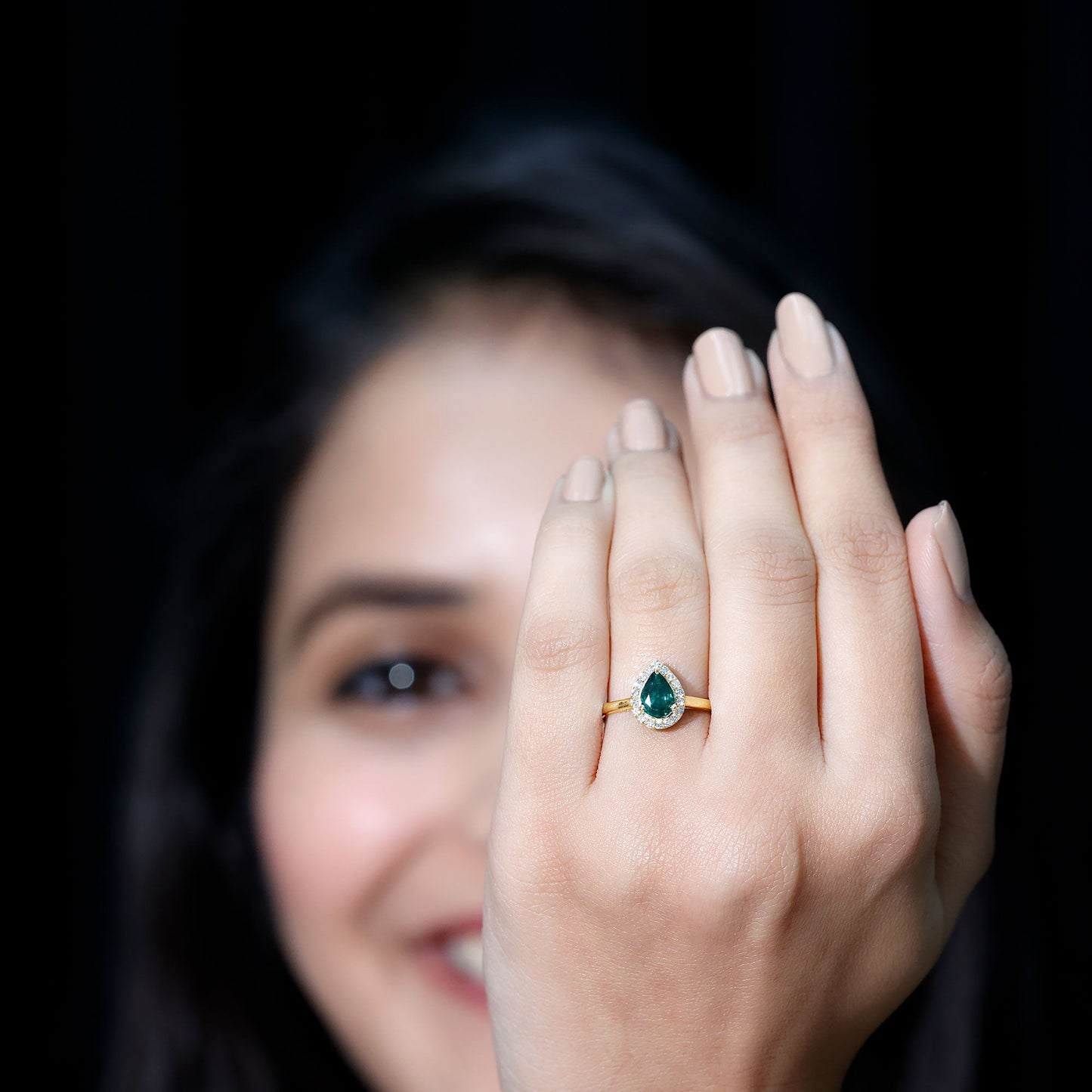 Real Emerald Teardrop Engagement Ring with Diamond Halo