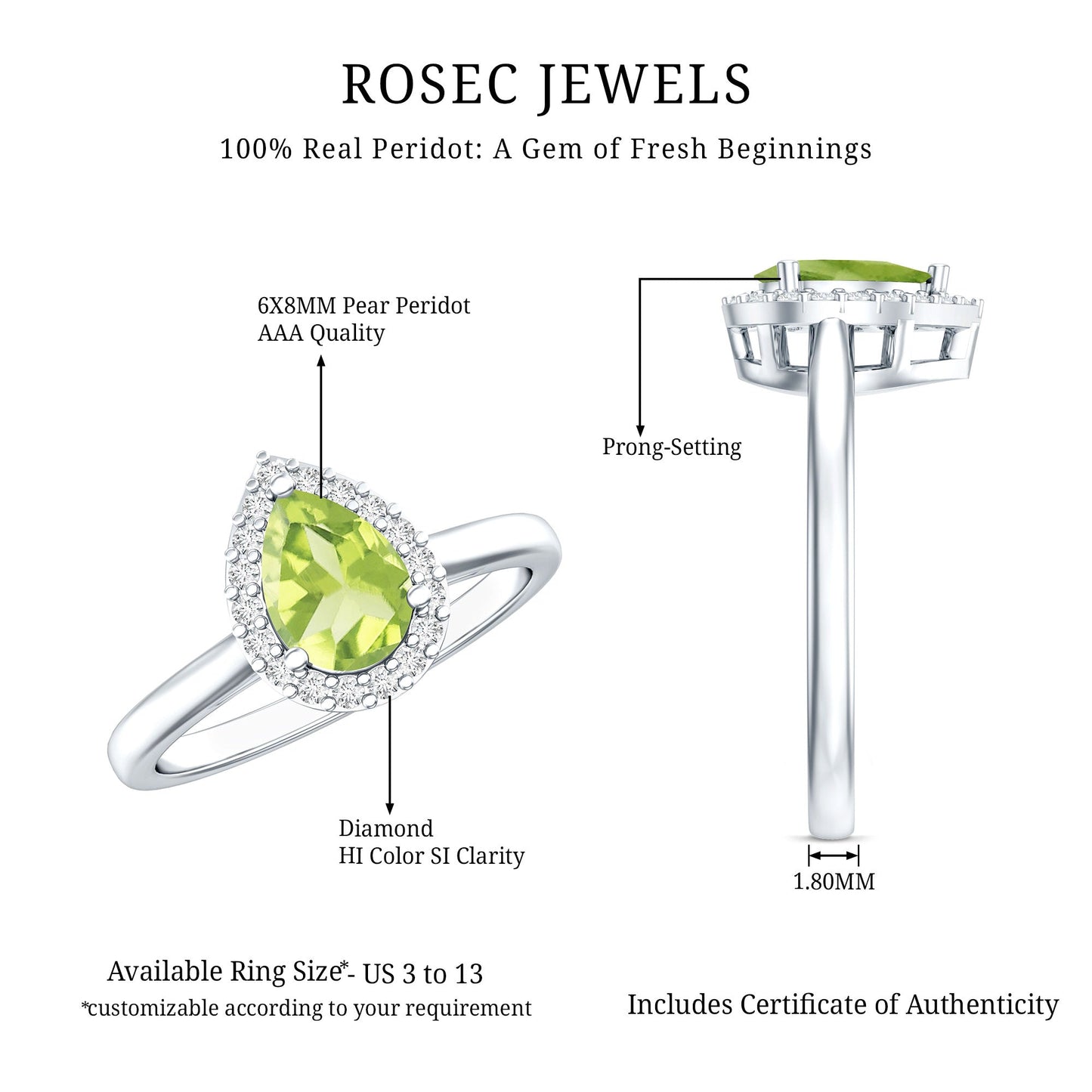 Real 1 Carat Peridot Teardrop Engagement Ring with Diamond Halo