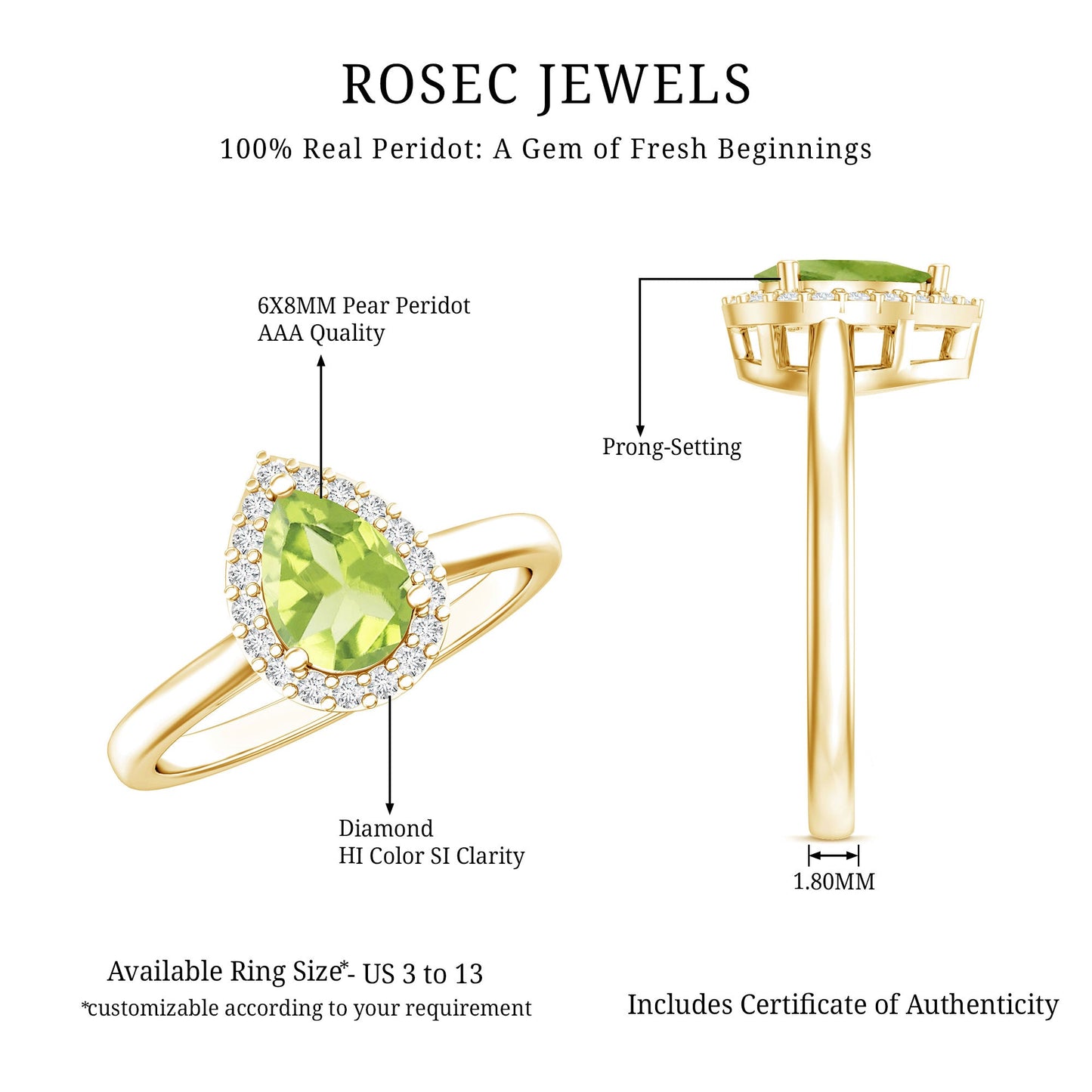 Real 1 Carat Peridot Teardrop Engagement Ring with Diamond Halo