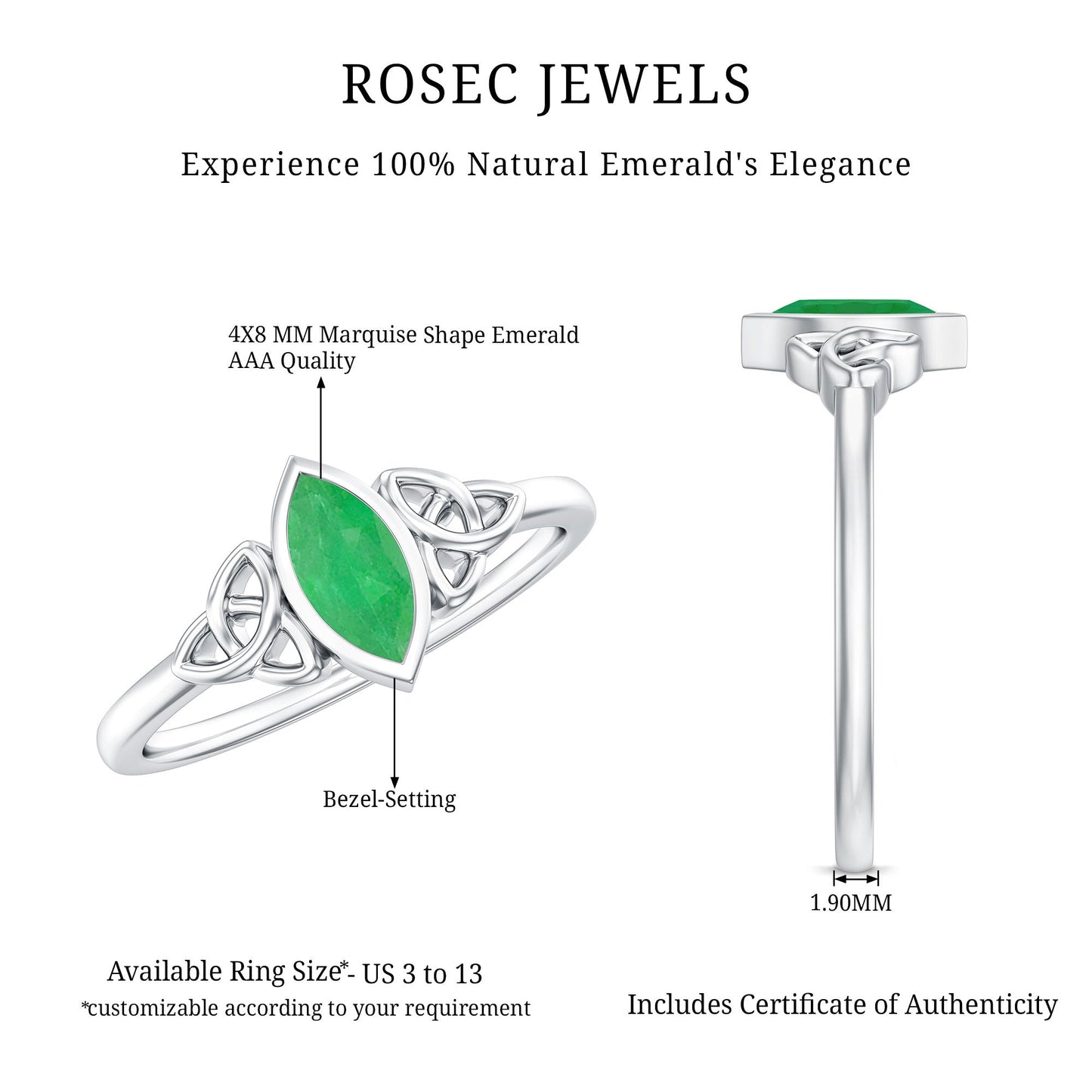 Marquise Cut Natural Emerald Celtic Engagement Ring in Bezel Setting