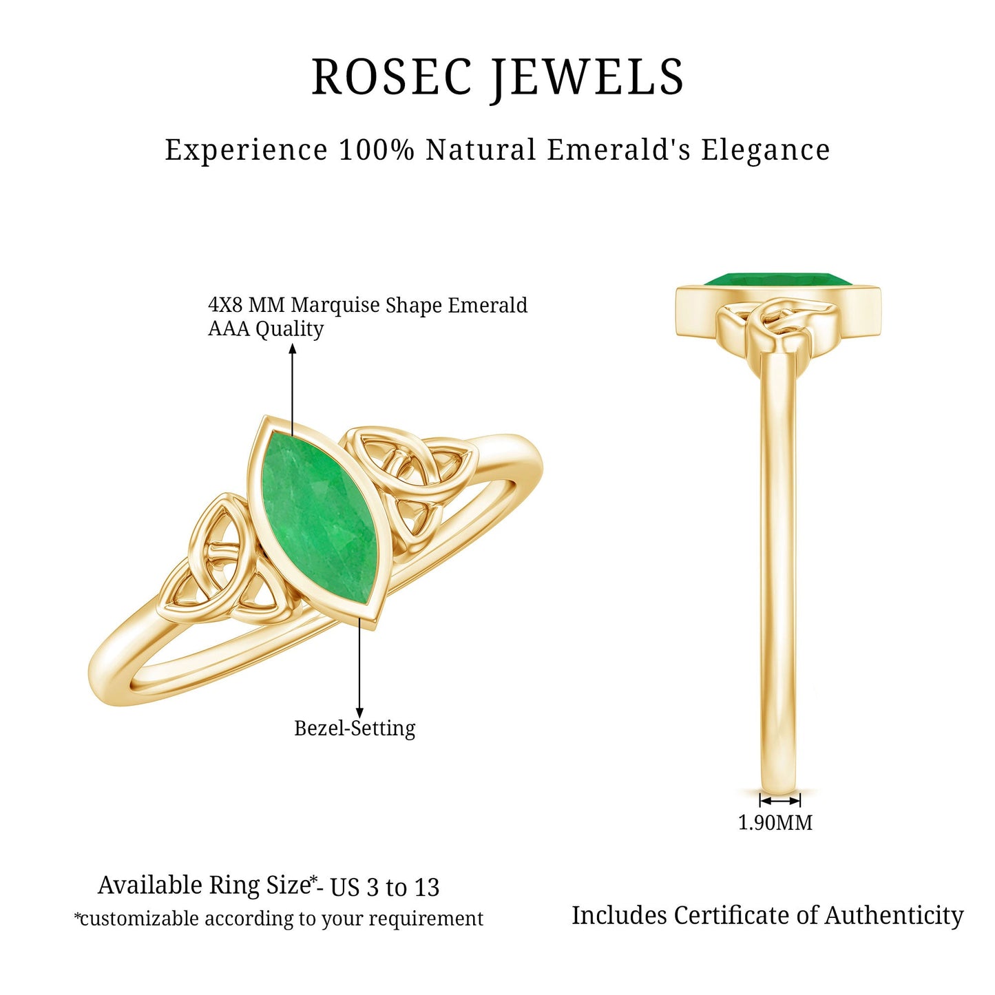 Marquise Cut Natural Emerald Celtic Engagement Ring in Bezel Setting
