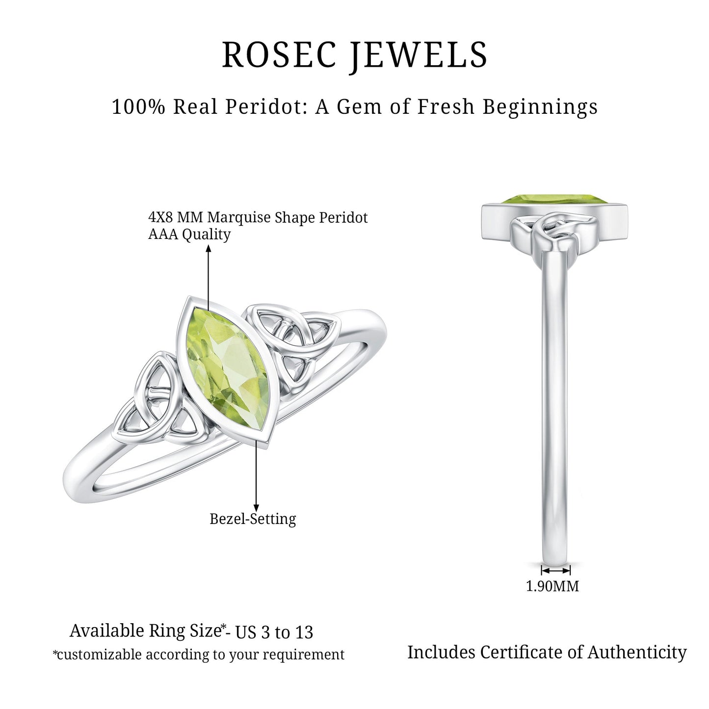 Natural 0.7 Carat Marquise Peridot Promise Ring with Celtic Knot