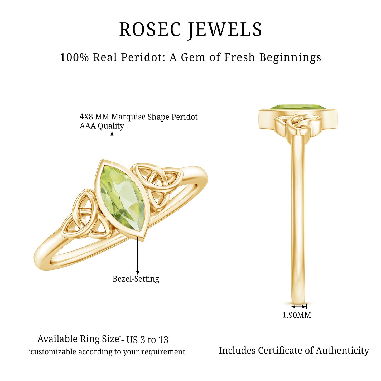 Natural 0.7 Carat Marquise Peridot Promise Ring with Celtic Knot