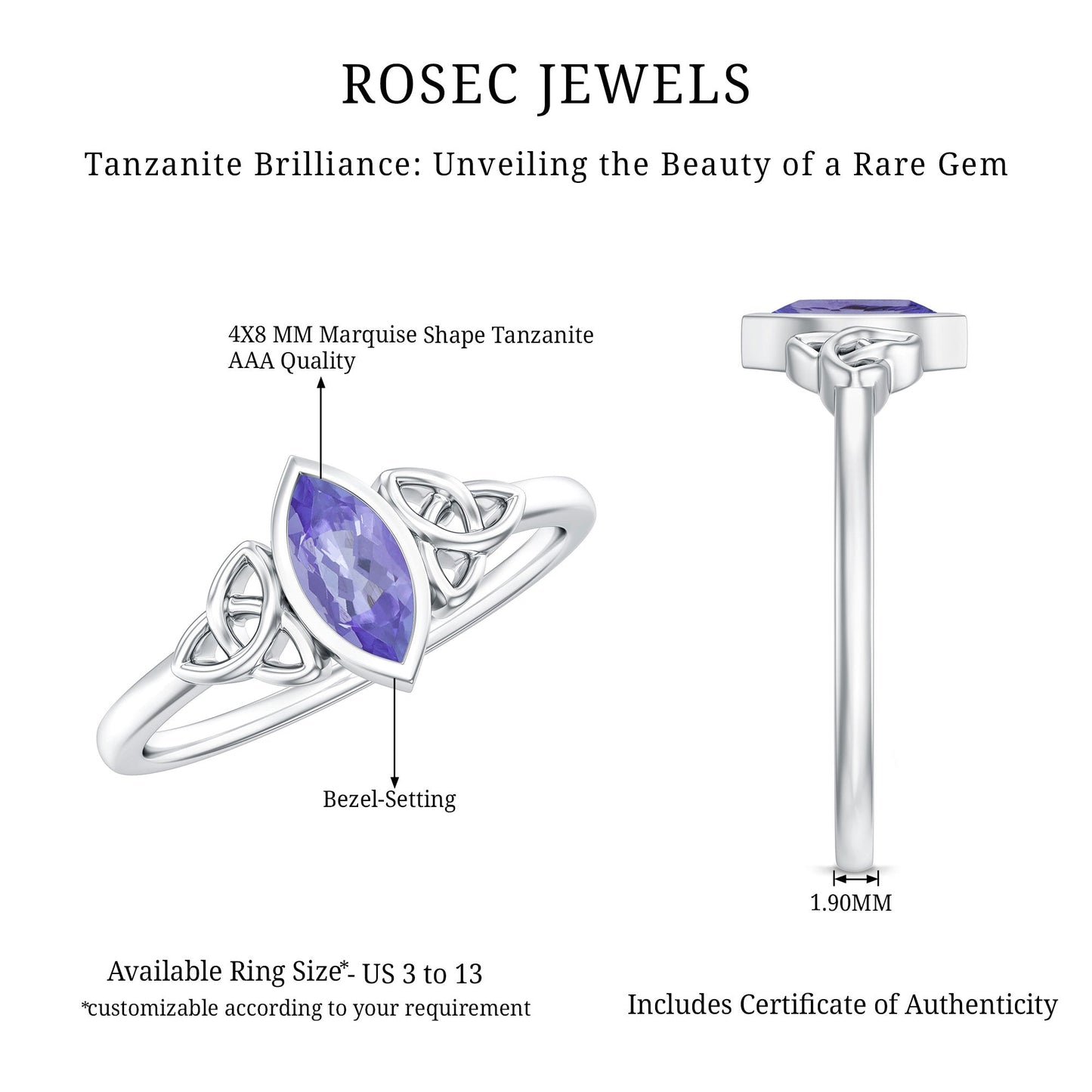 Natural Bezel Set Marquise Tanzanite Promise Ring with Celtic Knot
