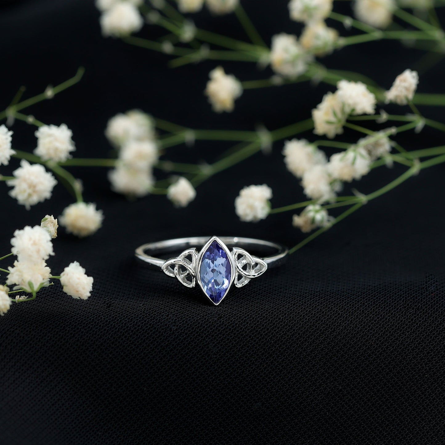 Natural Bezel Set Marquise Tanzanite Promise Ring with Celtic Knot