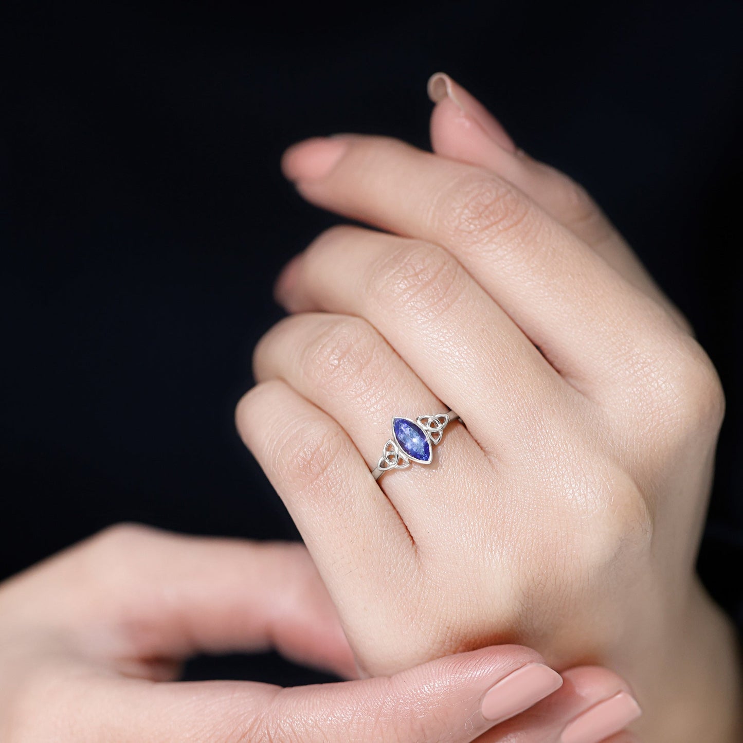 Natural Bezel Set Marquise Tanzanite Promise Ring with Celtic Knot