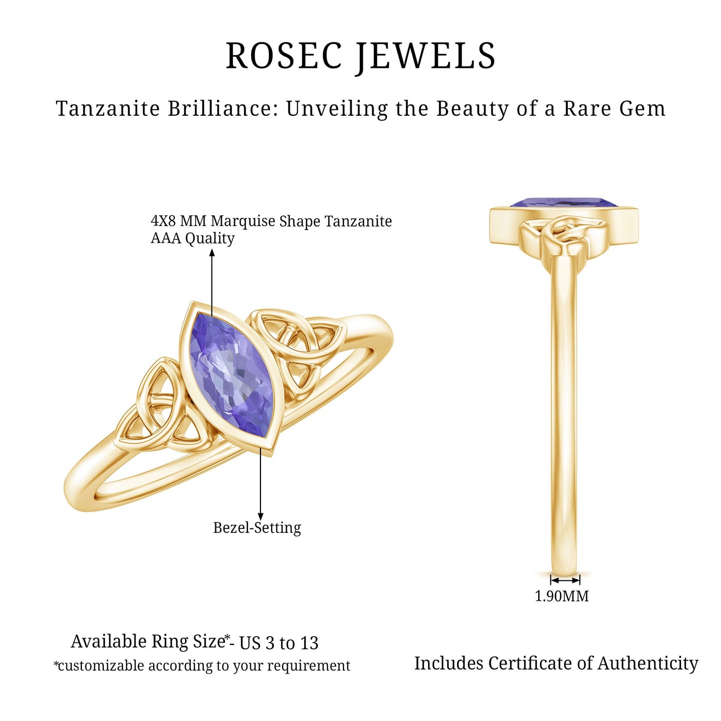 Natural Bezel Set Marquise Tanzanite Promise Ring with Celtic Knot