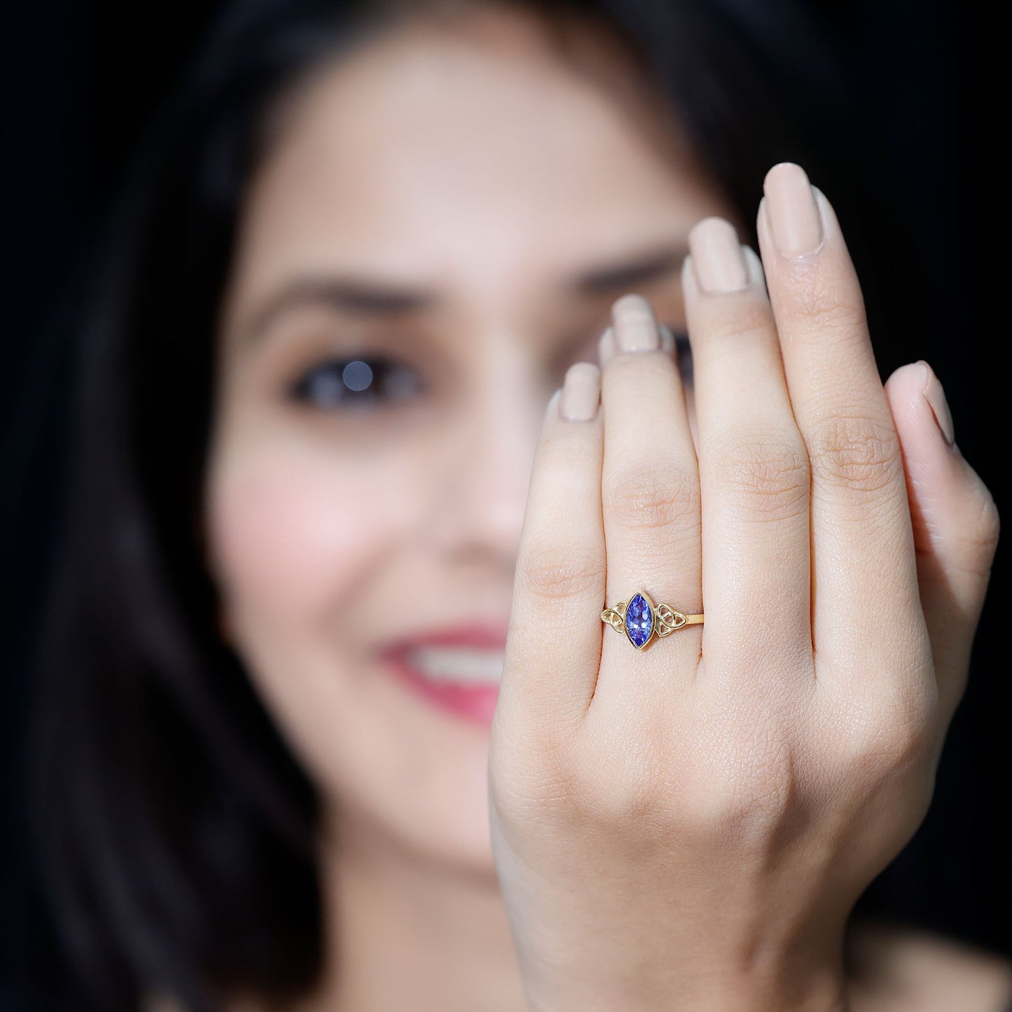 Natural Bezel Set Marquise Tanzanite Promise Ring with Celtic Knot
