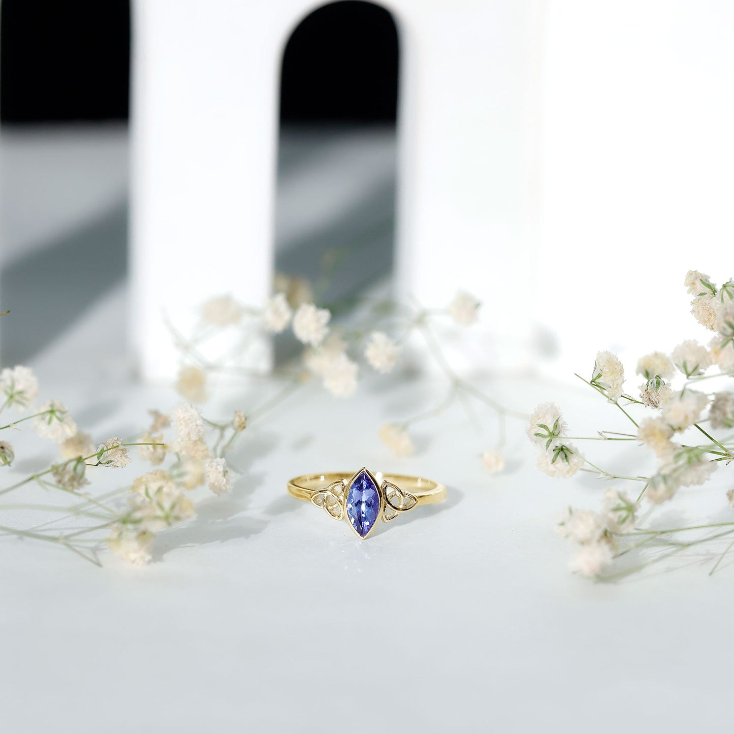 Natural Bezel Set Marquise Tanzanite Promise Ring with Celtic Knot