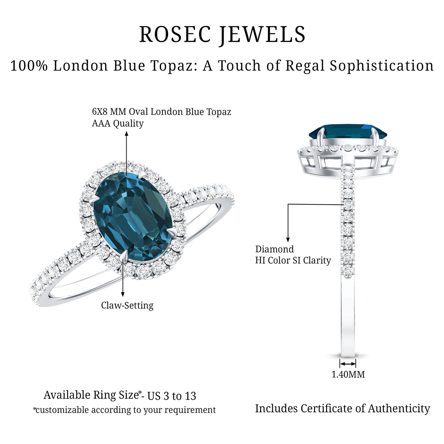 Oval 1 Carat London Blue Topaz Halo Engagement Ring