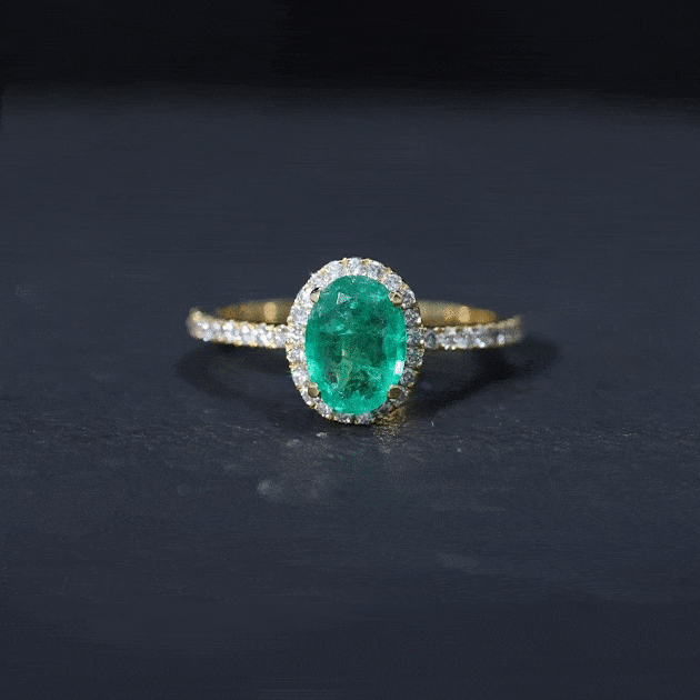 Genuine 6X8MM Oval Emerald Engagement Ring with Diamond Halo