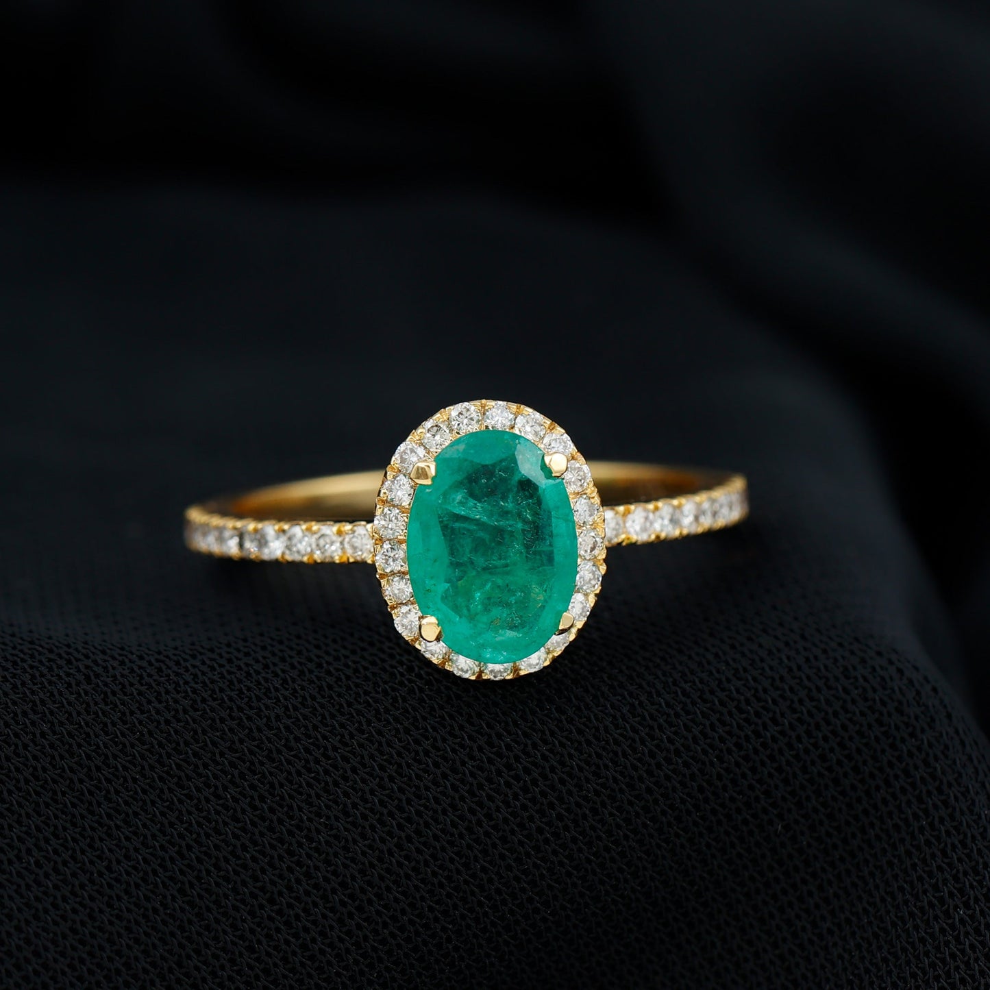 Genuine 6X8MM Oval Emerald Engagement Ring with Diamond Halo