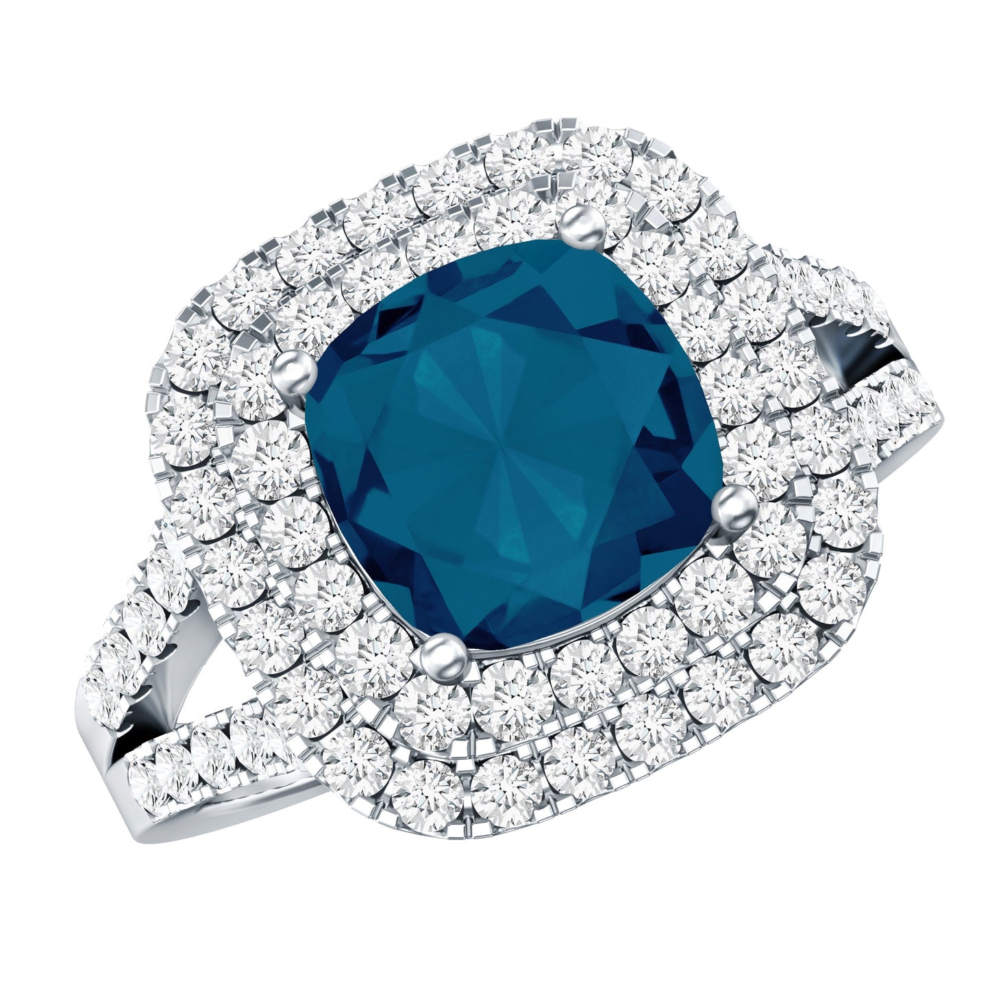Real 8mm Cushion Cut London Blue Topaz Double Halo Engagement Ring with Moissanite