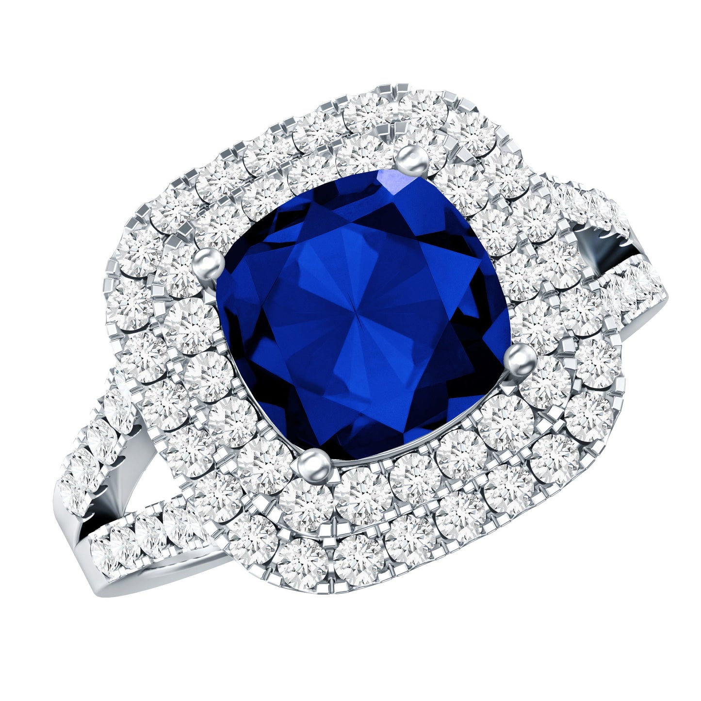 2.7 Carat Cushion Cut Lab Grown Blue Sapphire Engagement Ring with Double Halo