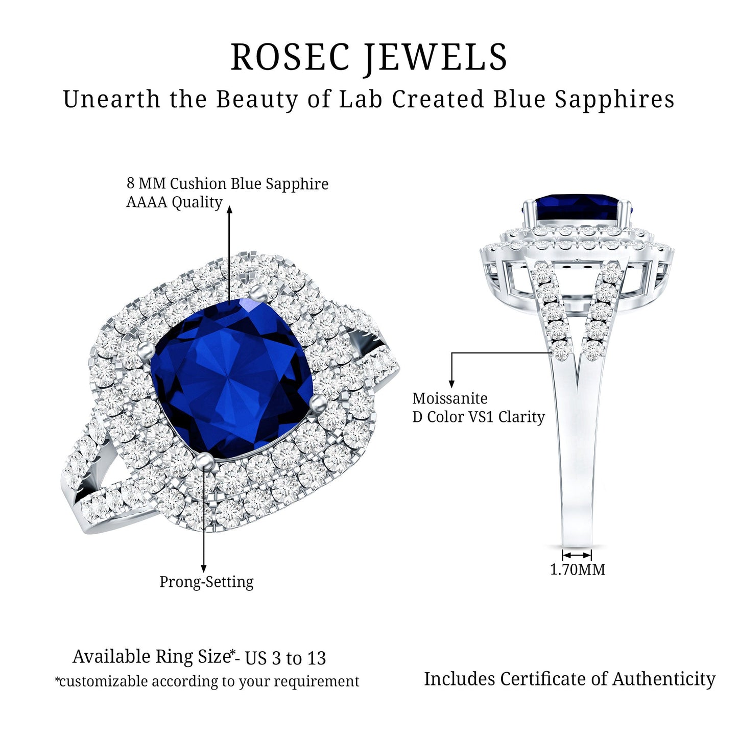 2.7 Carat Cushion Cut Lab Grown Blue Sapphire Engagement Ring with Double Halo