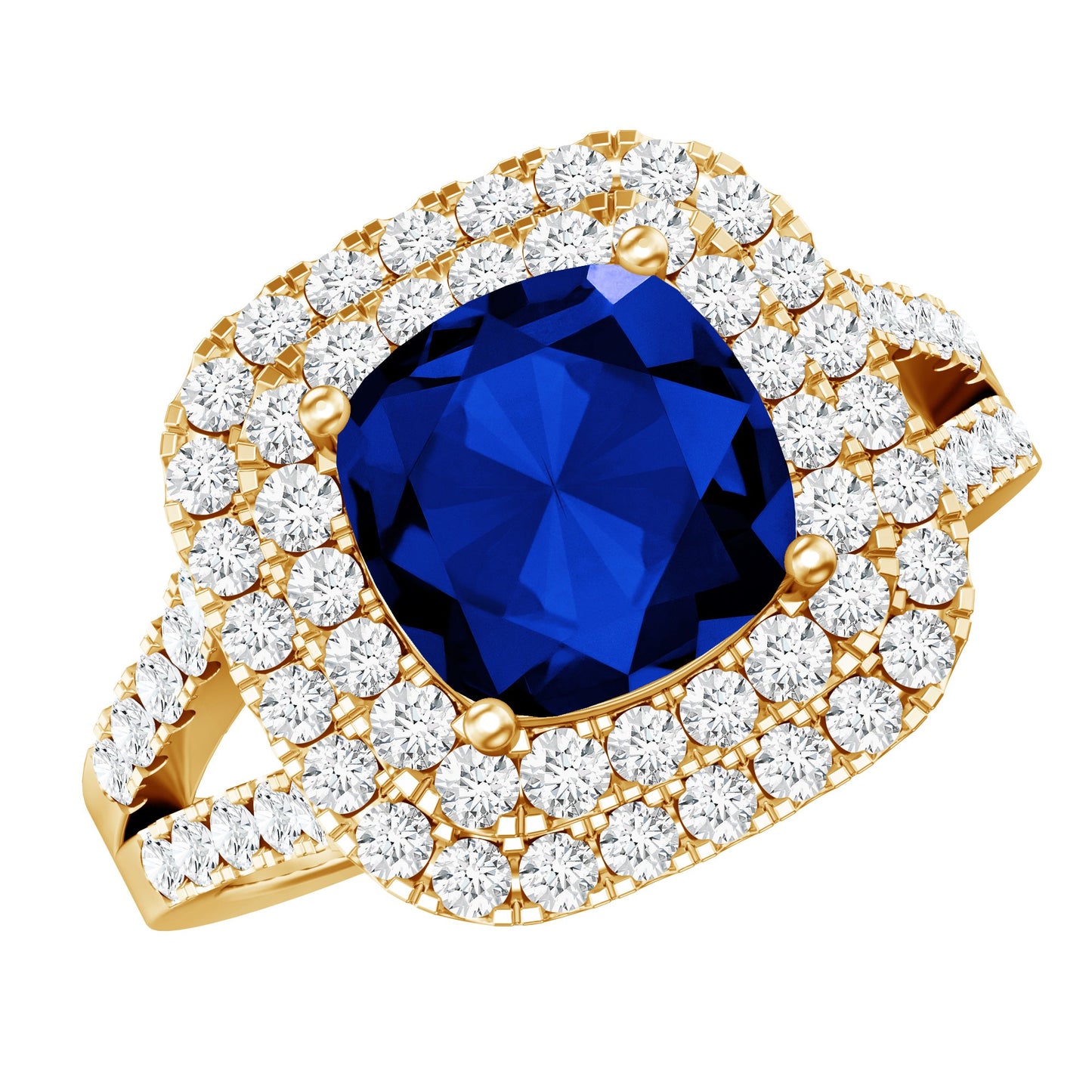 2.7 Carat Cushion Cut Lab Grown Blue Sapphire Engagement Ring with Double Halo