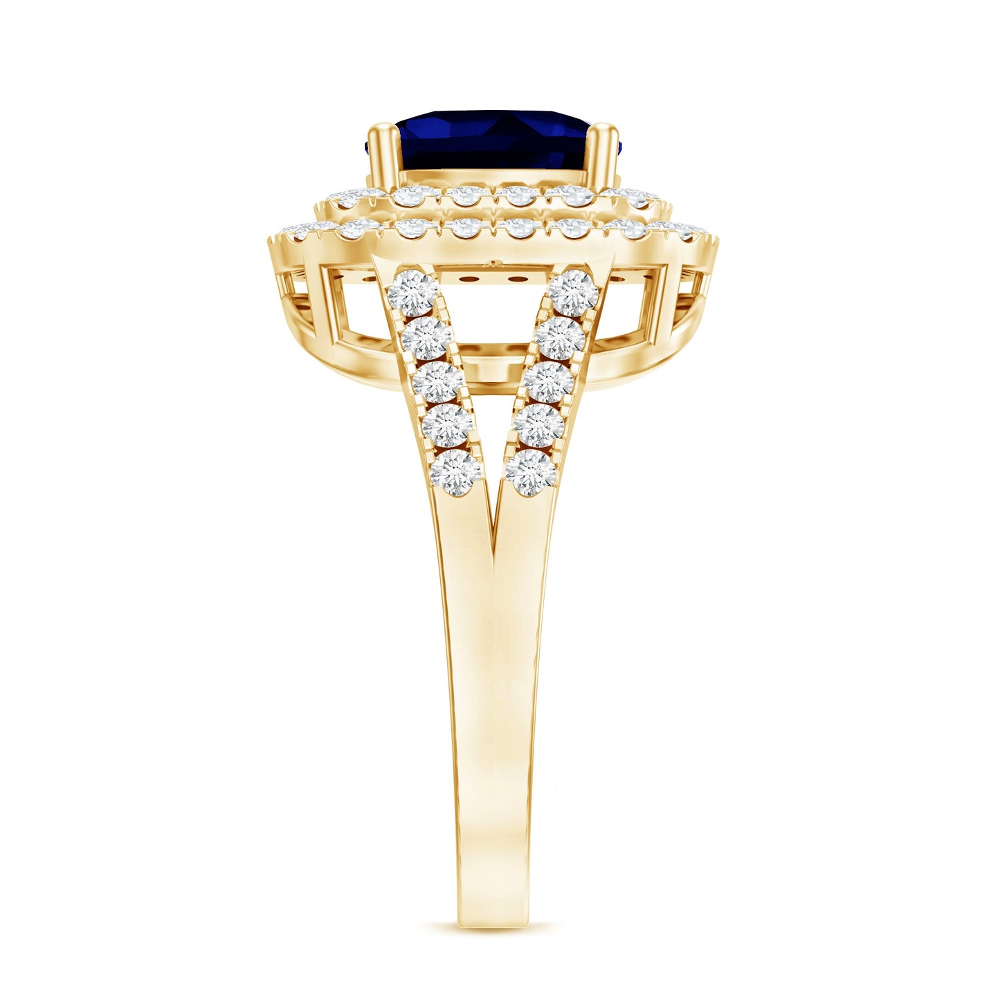 2.7 Carat Cushion Cut Lab Grown Blue Sapphire Engagement Ring with Double Halo