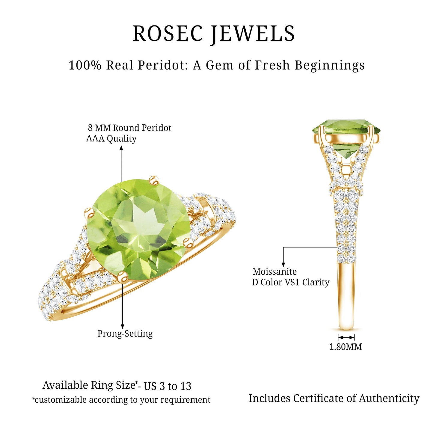 Peridot Solitaire Engagement Ring with Moissanite in Split Shank