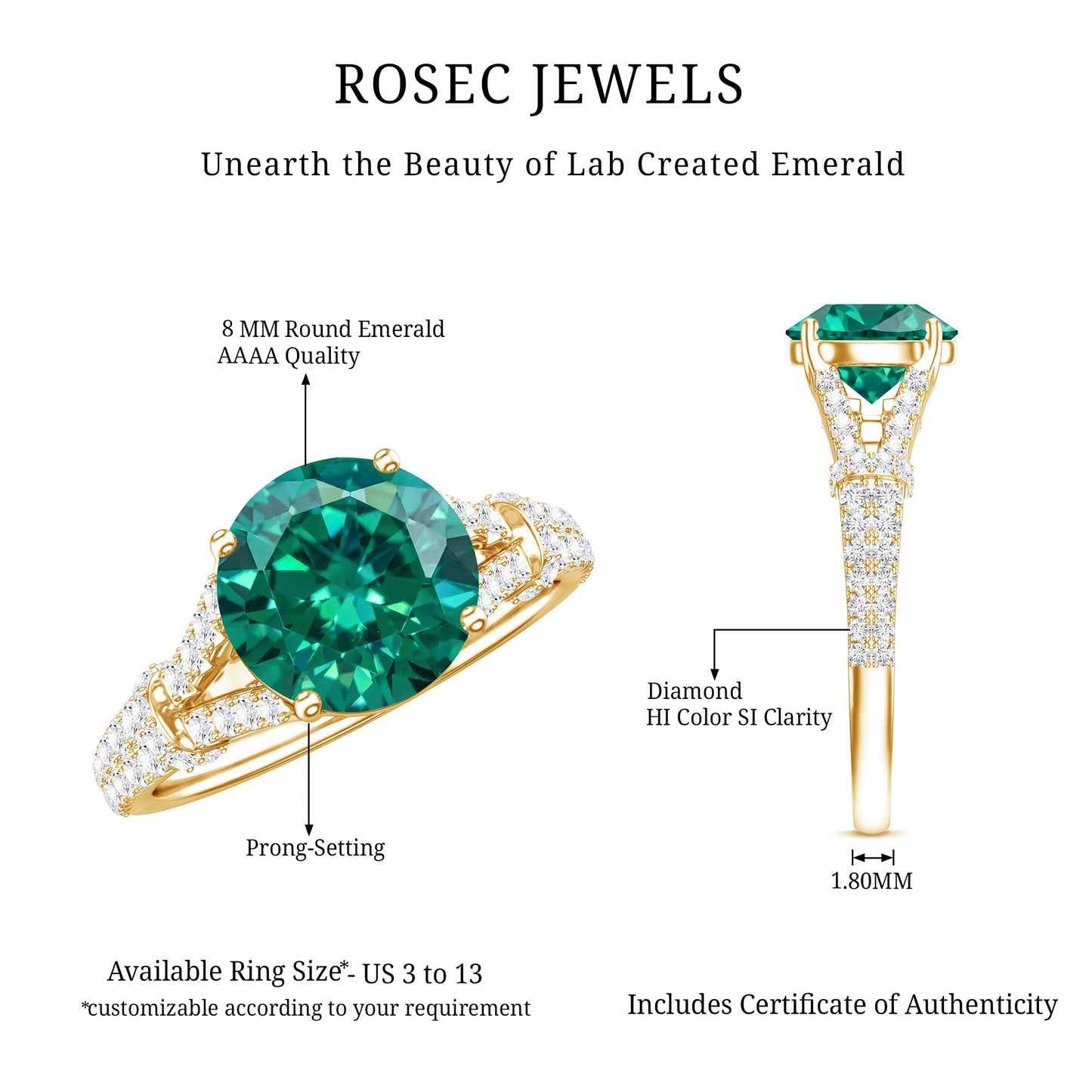Classic Lab Grown Emerald Diamond Engagement Ring with Split Shank