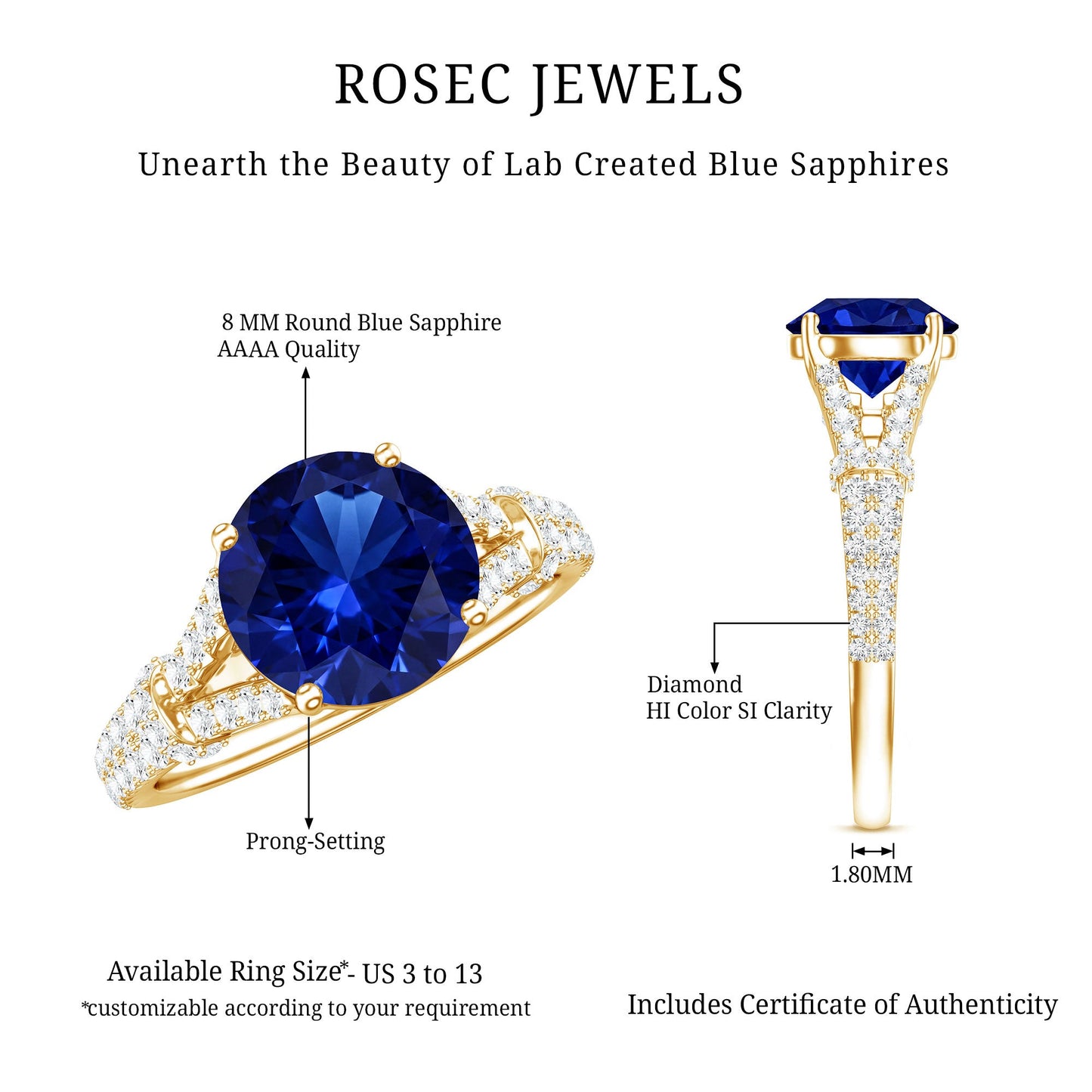 Certified 2.7 Carat Lab Grown Blue Sapphire Engagement Ring with Diamond Split Shank