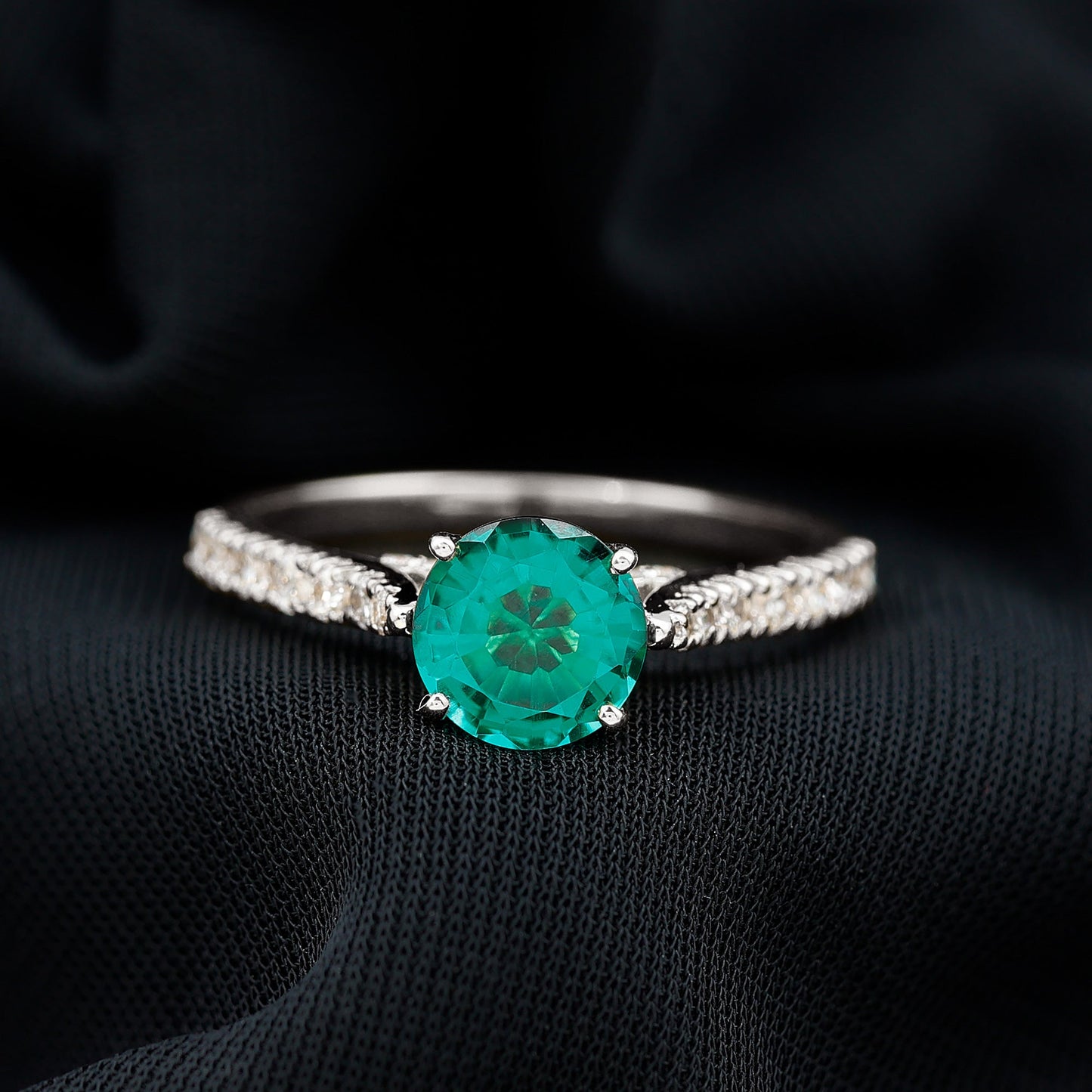 Lab Created Emerald Solitaire Engagement Ring with Diamond Side Stones