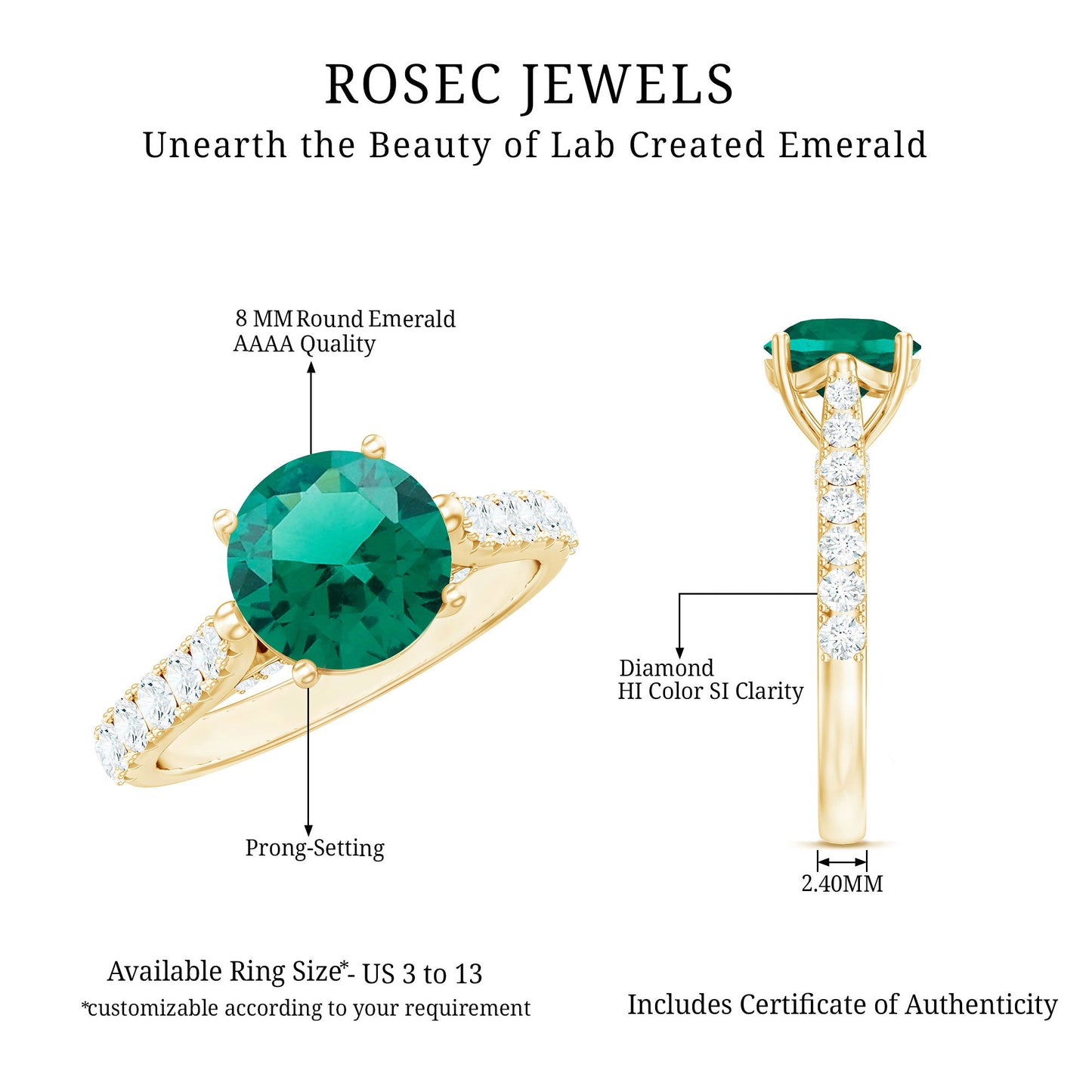 Lab Created Emerald Solitaire Engagement Ring with Diamond Side Stones