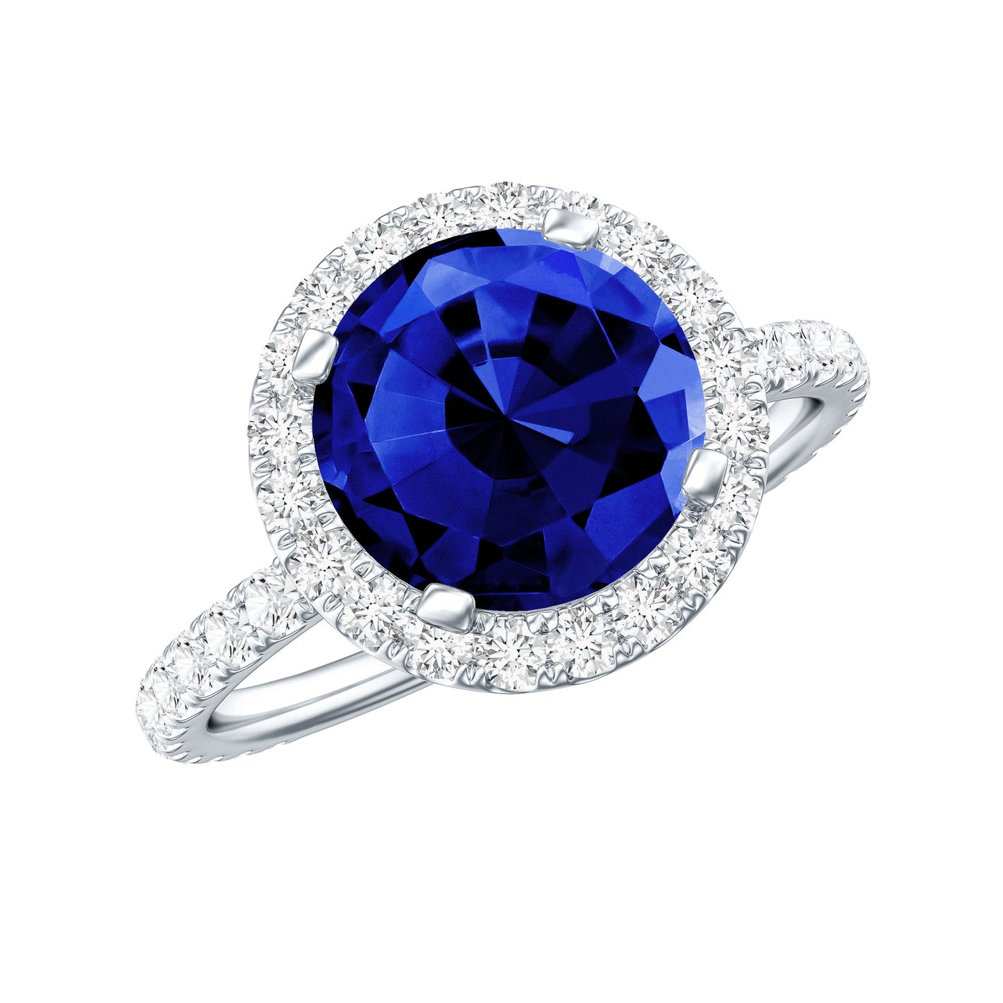 2.7 Carat Round Lab Created Blue Sapphire Classic Engagement Ring with Diamond Halo