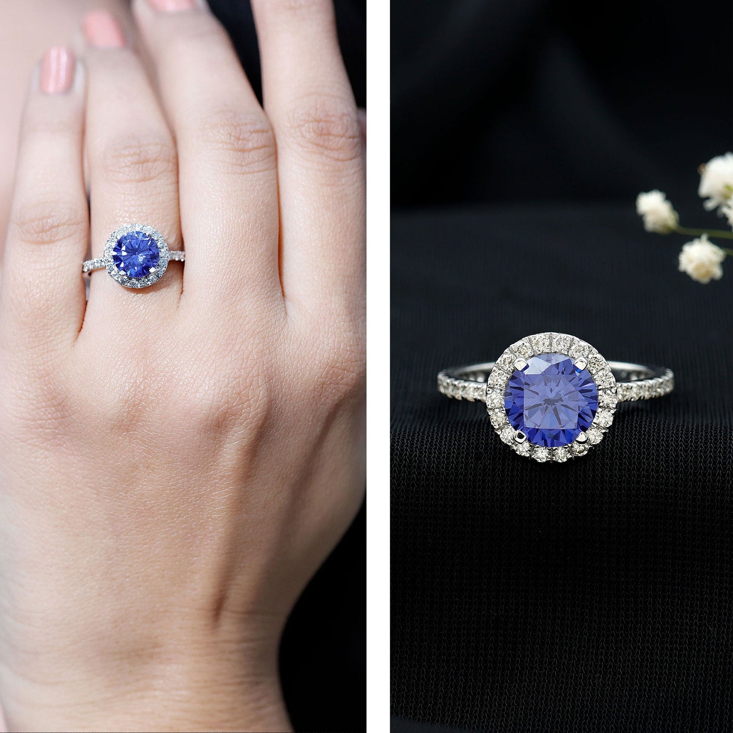 2.7 Carat Round Lab Created Blue Sapphire Classic Engagement Ring with Diamond Halo