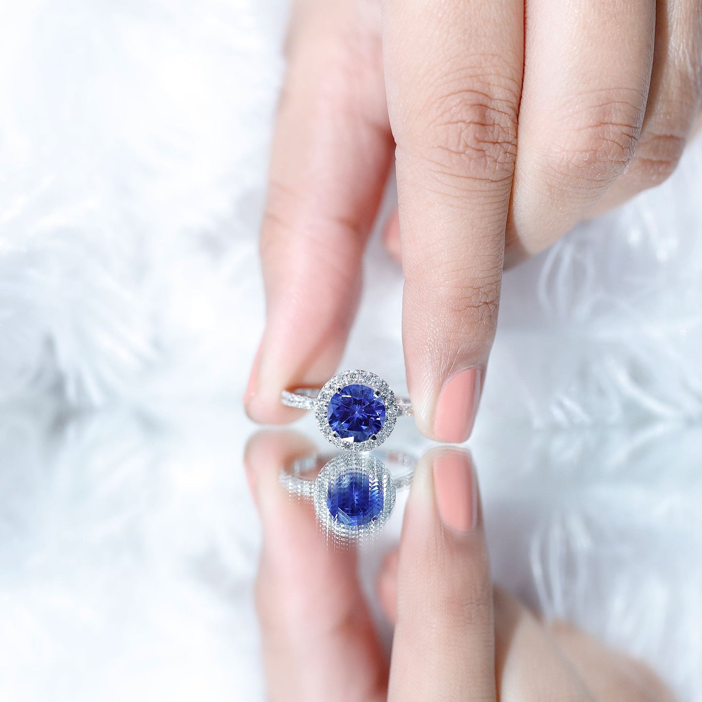 2.7 Carat Round Lab Created Blue Sapphire Classic Engagement Ring with Diamond Halo