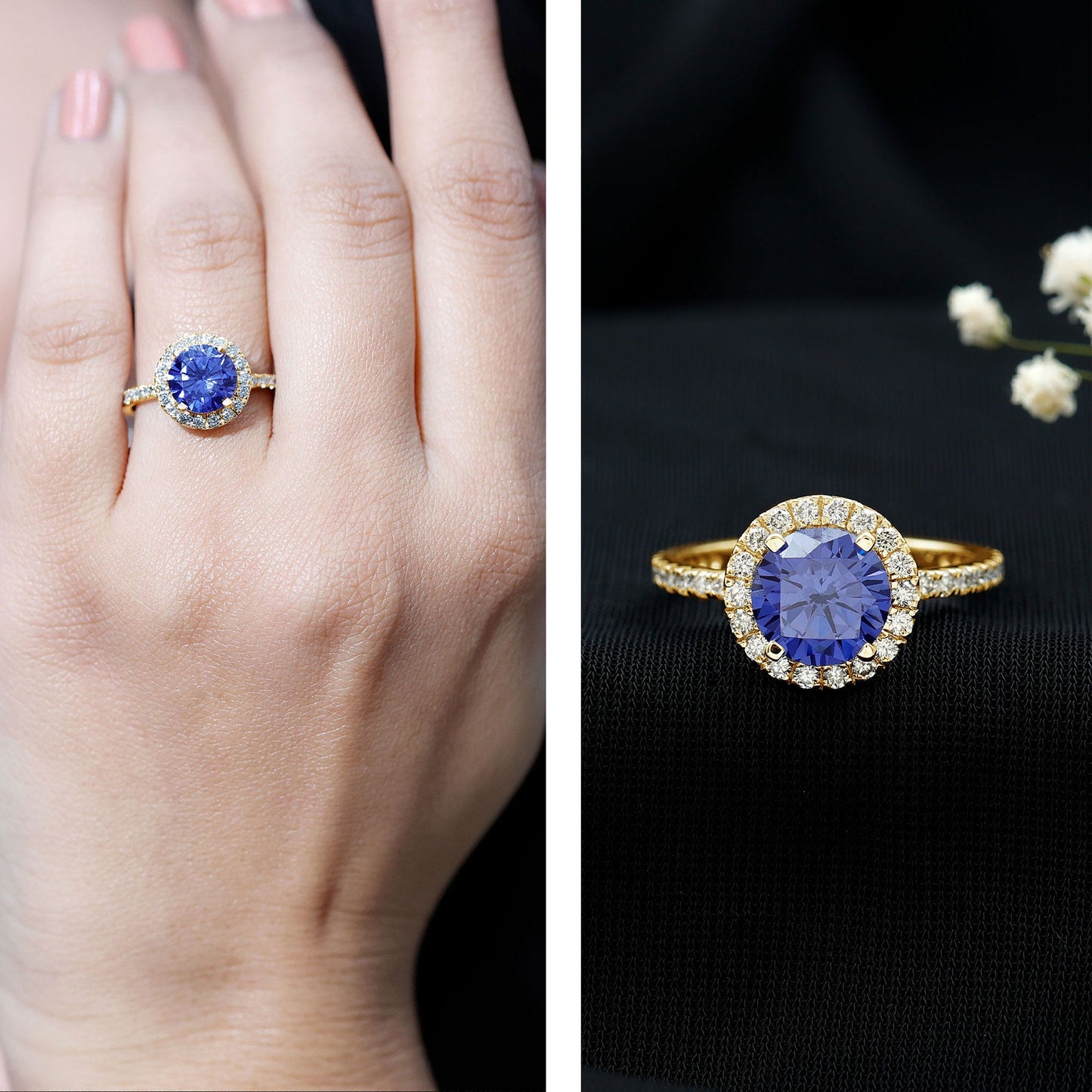 2.7 Carat Round Lab Created Blue Sapphire Classic Engagement Ring with Diamond Halo